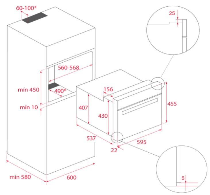 Diagrama de un horno y armario empotrados con dimensiones en milímetros. El horno está a la derecha, el armario a la izquierda.