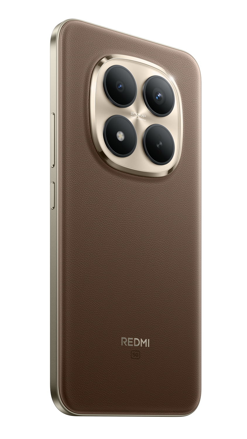 Parte trasera de smartphone marrón con borde dorado y cuatro lentes de cámara. El logotipo de Redmi y el símbolo 5G son visibles.