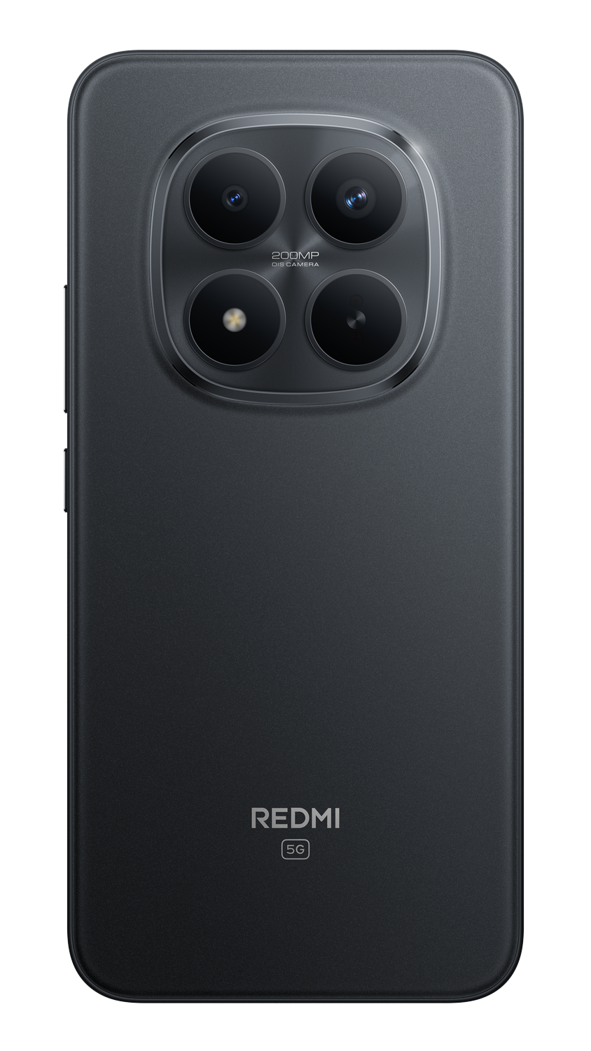 Parte trasera de smartphone negro con cuatro lentes de cámara. Logotipo Redmi abajo. Símbolo 5G.
