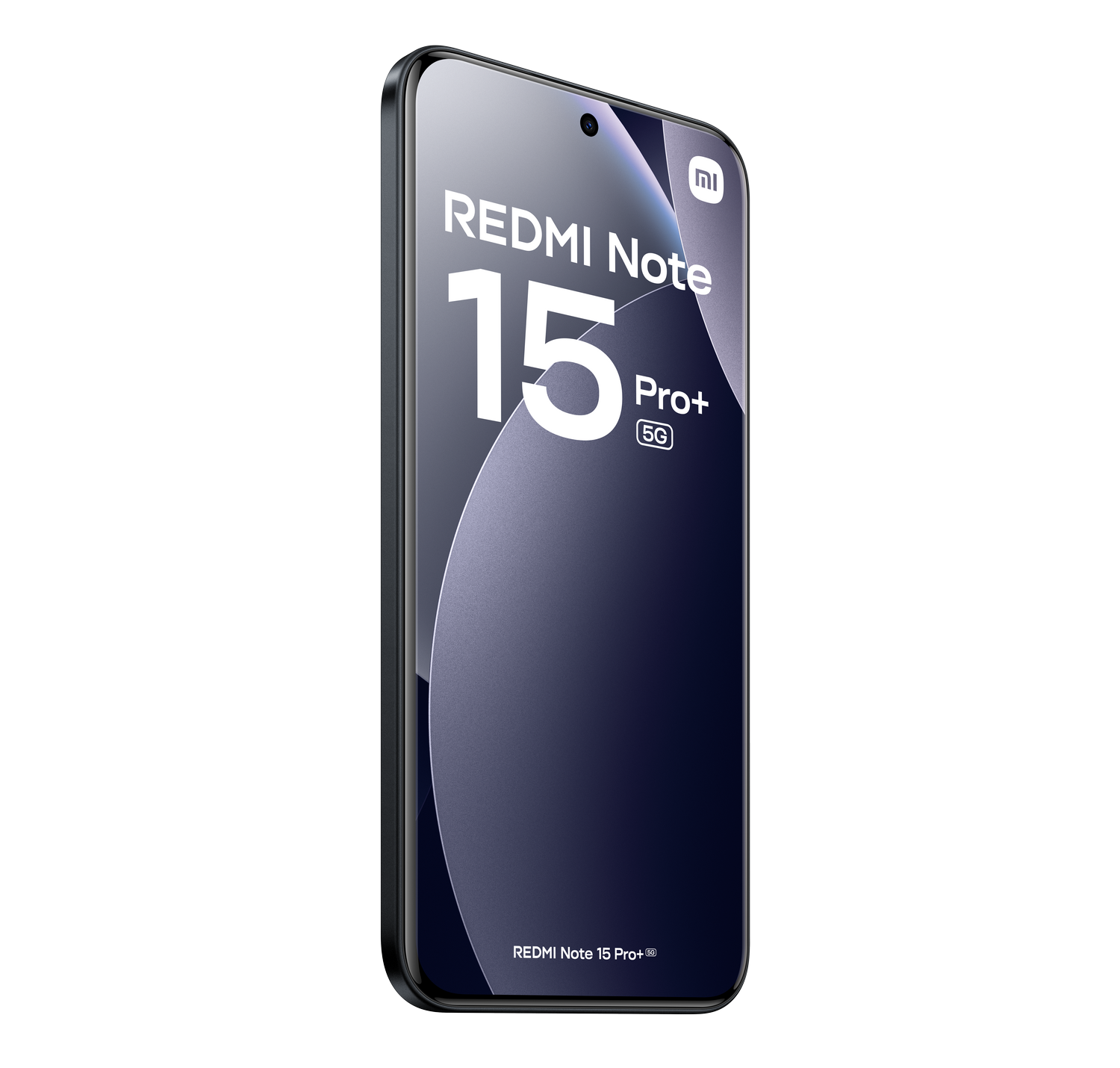 Se muestra un smartphone, Redmi Note 15 Pro+, en ángulo. Tiene un marco negro, una pantalla grande y un fondo azul oscuro.