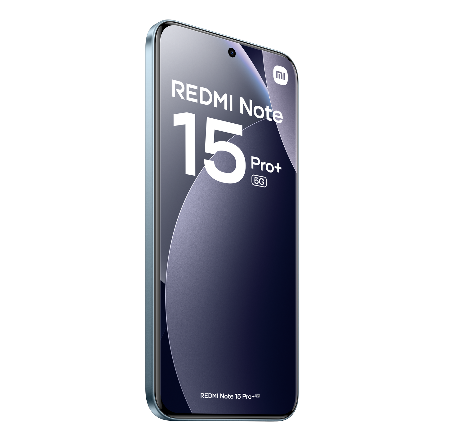 Un smartphone Redmi Note 15 Pro+ 5G sobre fondo gris. Tiene pantalla curva con logo Redmi y nombre del modelo visibles.