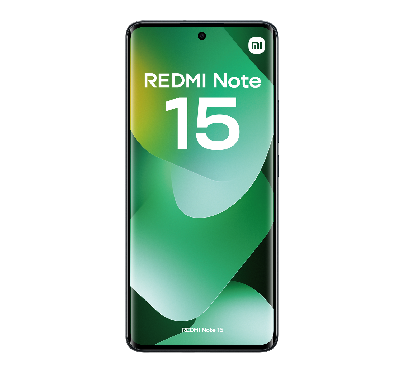 Se muestra un teléfono Redmi Note 15. La pantalla muestra un diseño de onda verde con el logotipo de Redmi y '15' en blanco.