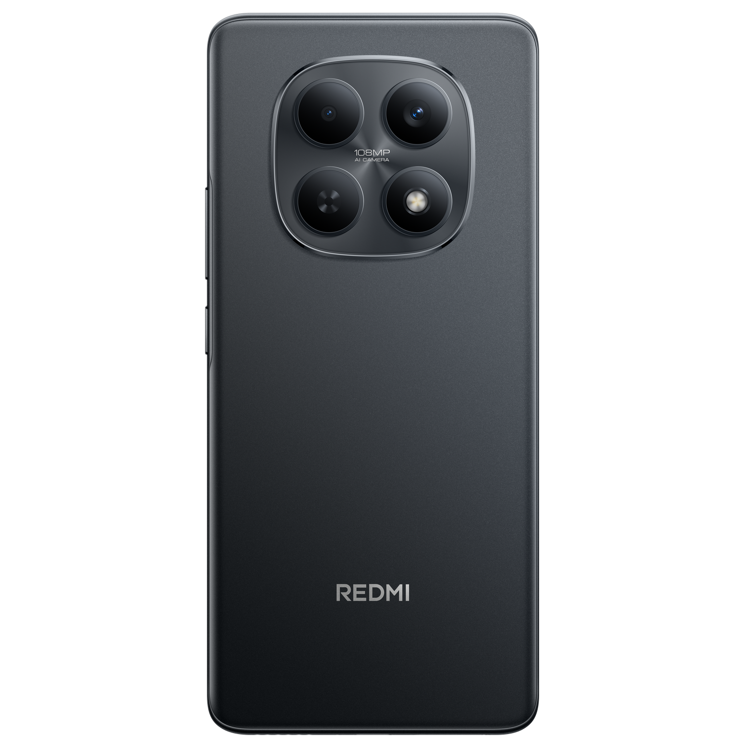 Un smartphone negro con tres lentes de cámara. El logotipo de Redmi está en la parte inferior. El fondo es gris.