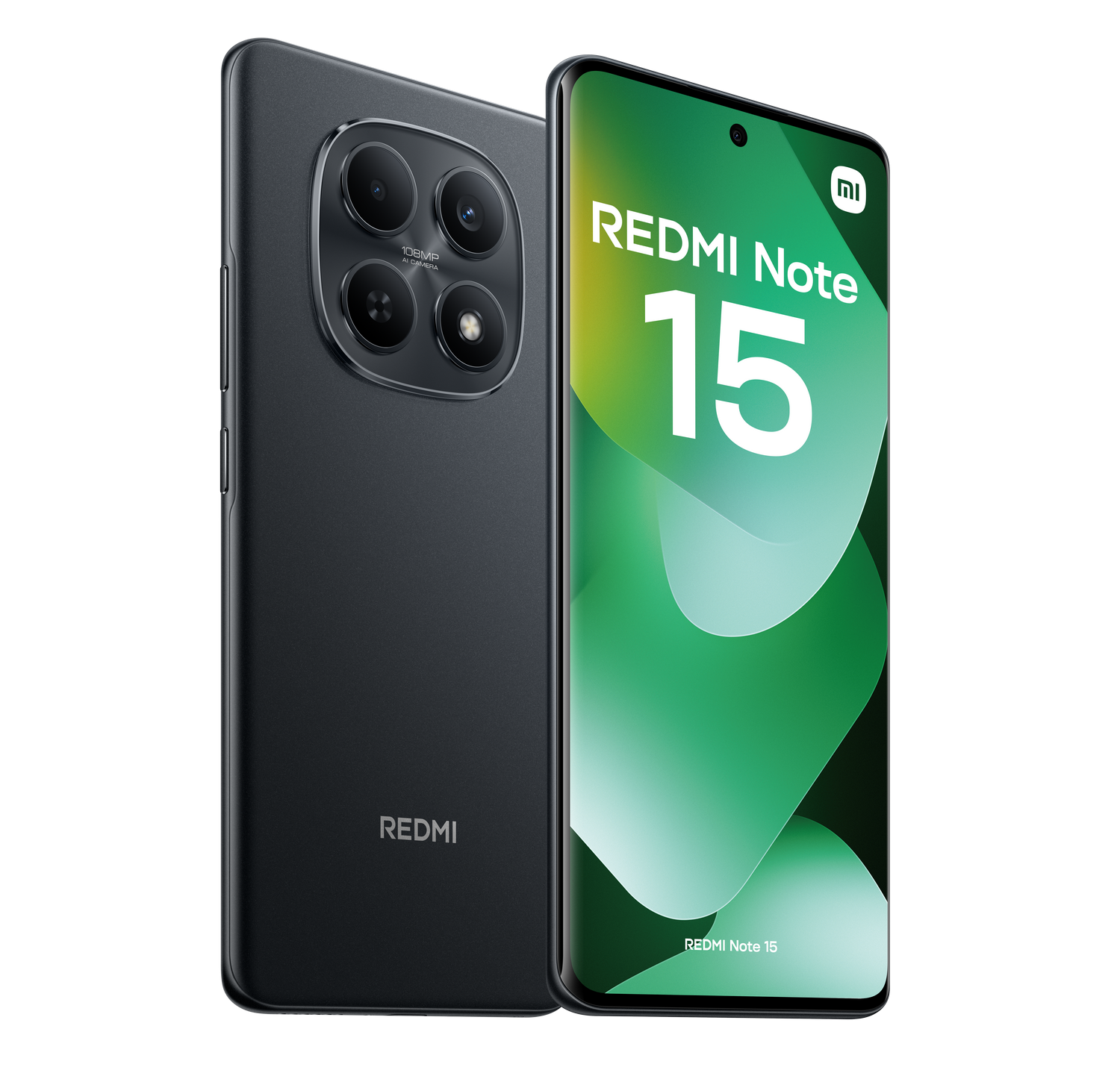 Un teléfono negro Redmi Note 15. La pantalla muestra 'Redmi Note 15' con un diseño de onda verde. La parte trasera tiene tres cámaras.