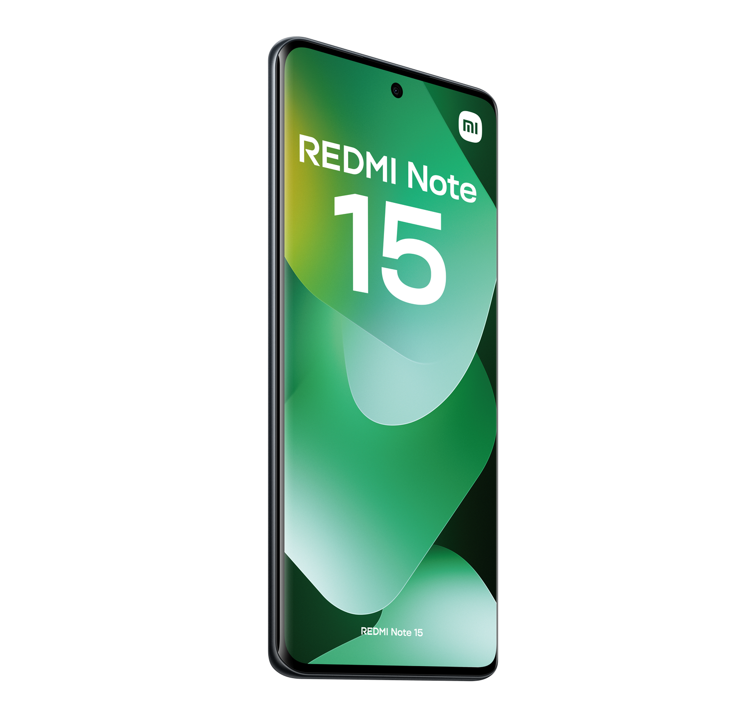 Un smartphone con pantalla que muestra gráficos verdes y blancos, las palabras 'REDMI Note 15' y una cámara.