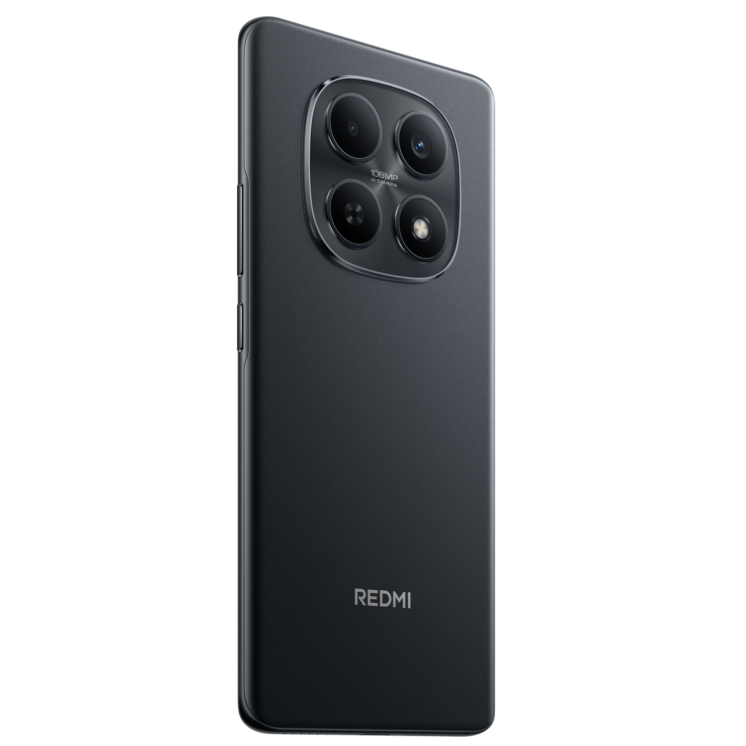 Un smartphone Redmi gris oscuro. Tiene una cámara de triple lente, el logotipo de Redmi y botones físicos en el lateral. El fondo es gris.