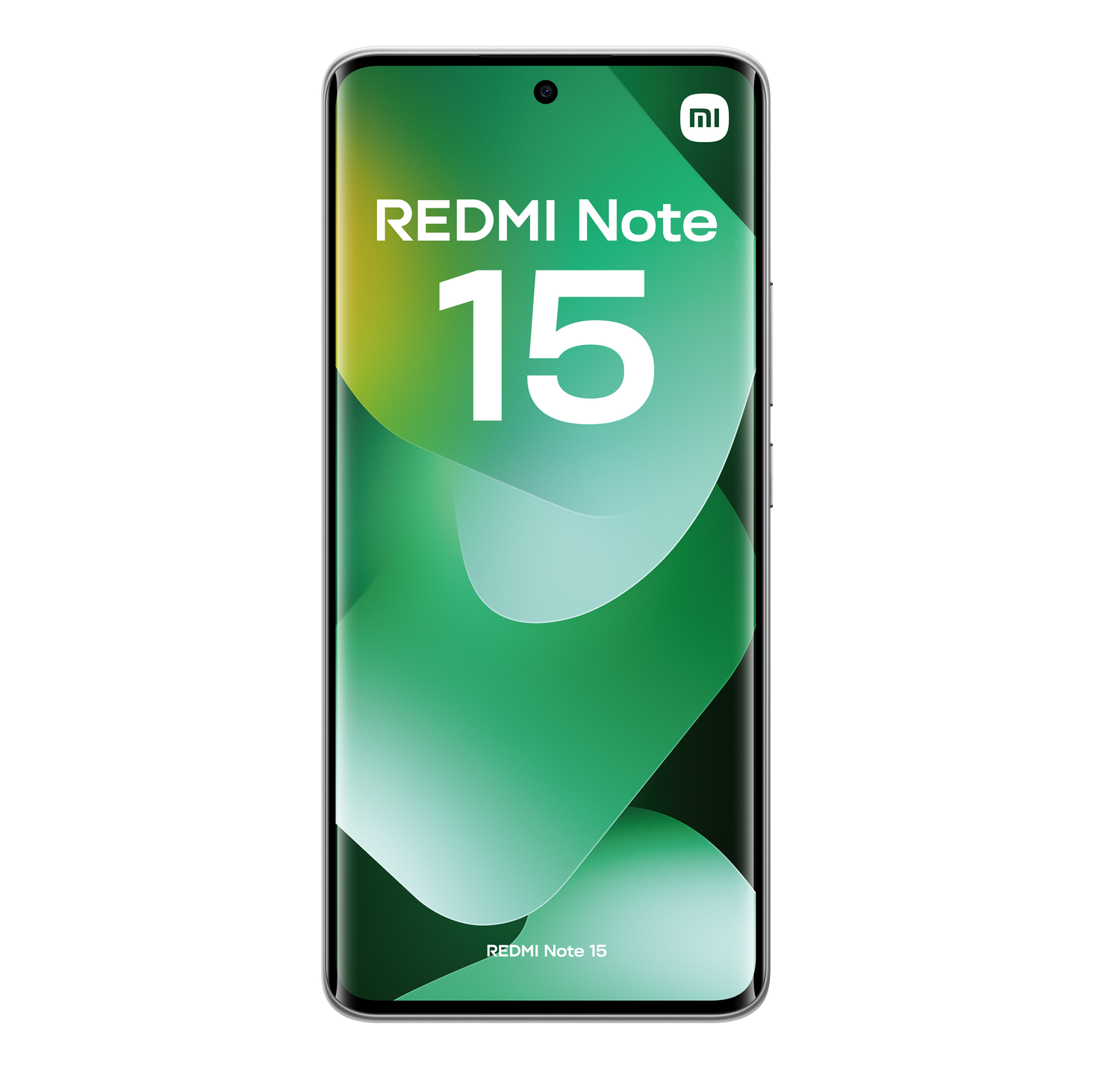 Un teléfono Redmi Note 15 con pantalla verde, el número 15 se muestra prominentemente. El fondo es gris.