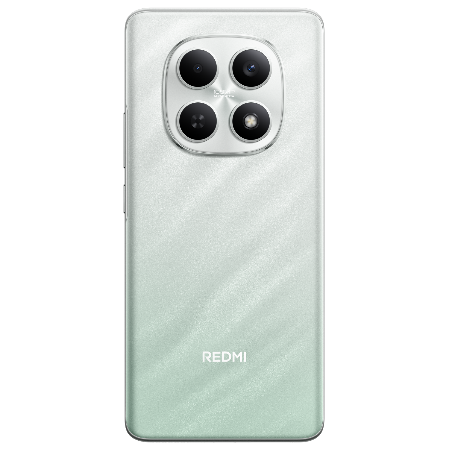 La parte trasera de un smartphone con 4 cámaras. Es verde claro con el logo de Redmi en la parte inferior. El fondo es gris.