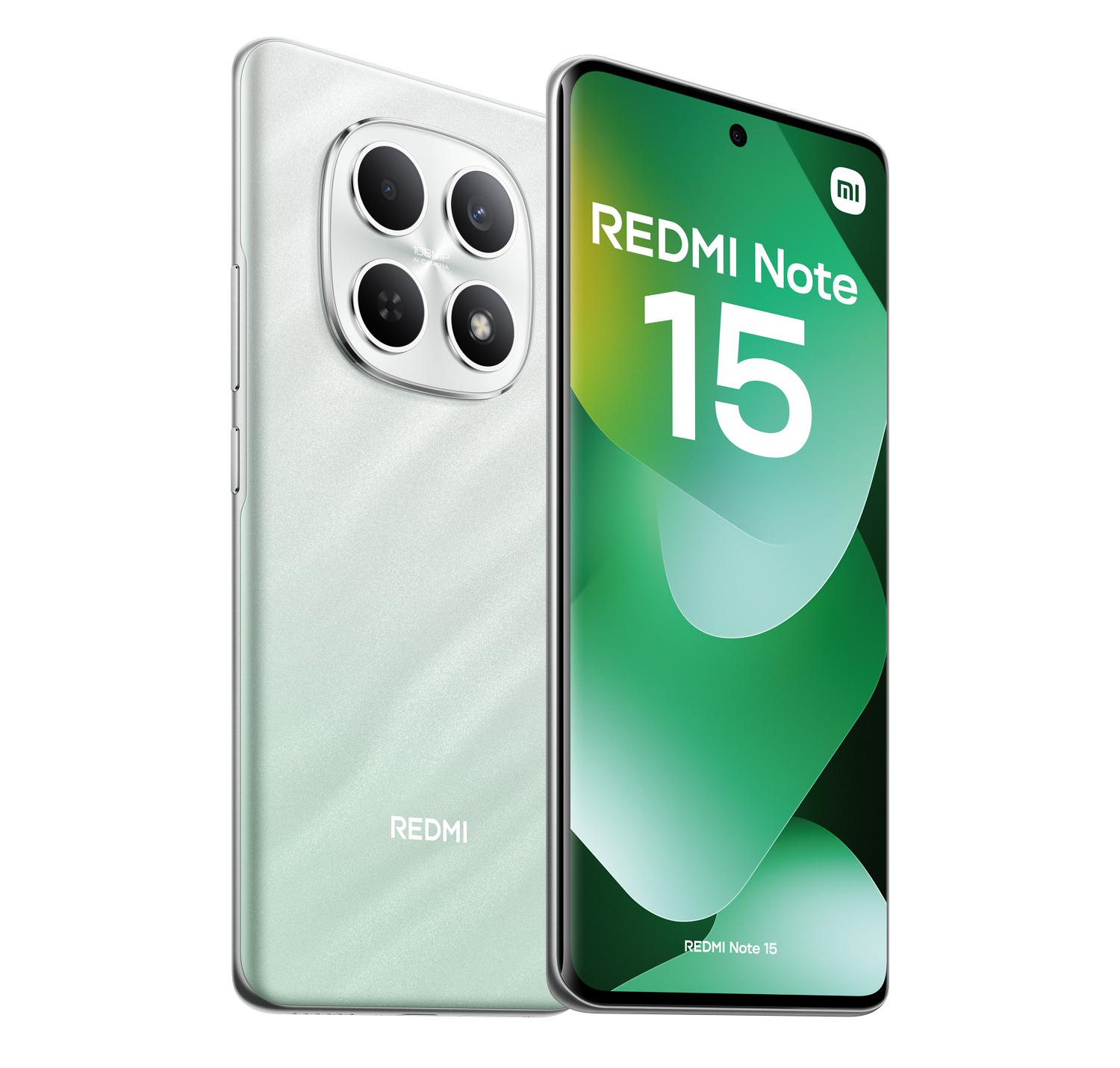 Dos teléfonos Redmi Note 15 verde menta. Uno muestra la parte trasera con cámaras, el otro muestra la pantalla con un gráfico verde y el logotipo.