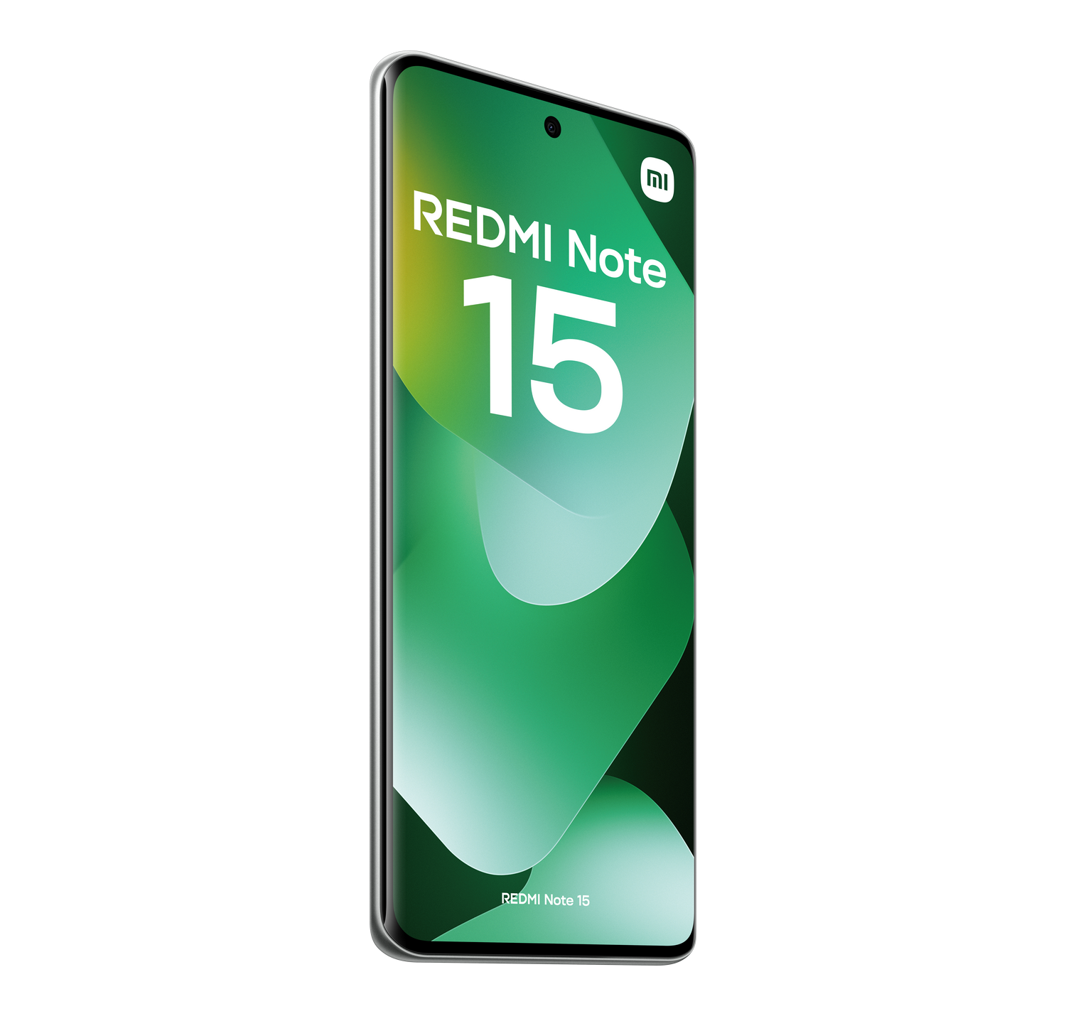 Un smartphone con pantalla de gradiente verde. La pantalla muestra 'Redmi Note 15' en texto blanco. El fondo es gris.