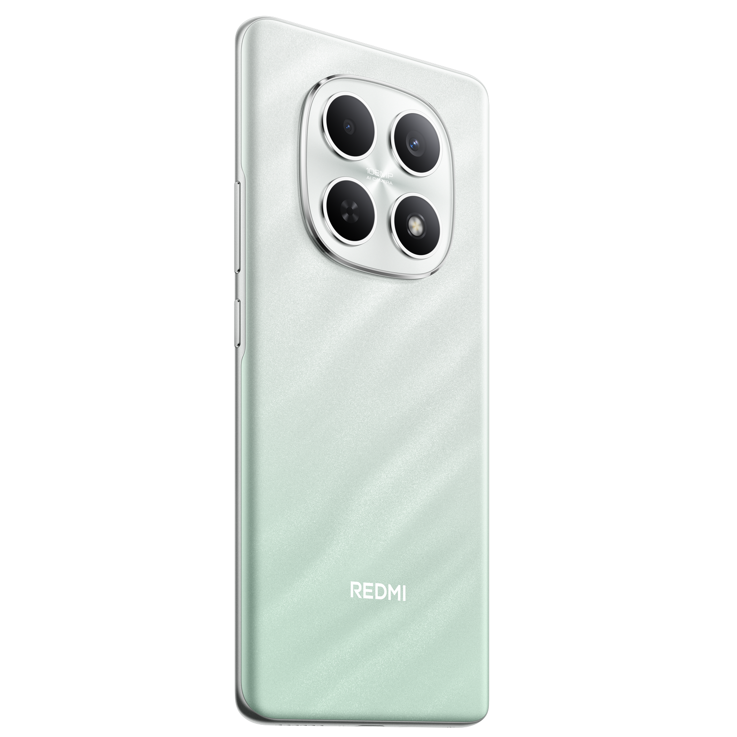 Un teléfono inteligente verde menta con varias cámaras traseras. El teléfono tiene el logotipo de Redmi. El fondo es gris.