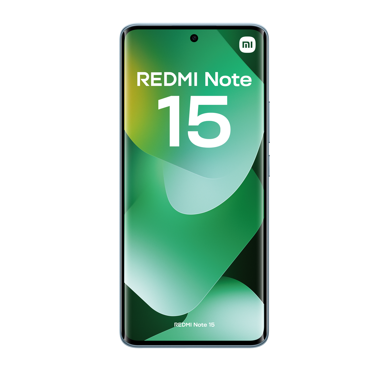 Un smartphone con pantalla verde y blanca. Tiene el texto 'REDMI Note 15'. El logo de Xiaomi está arriba a la derecha.