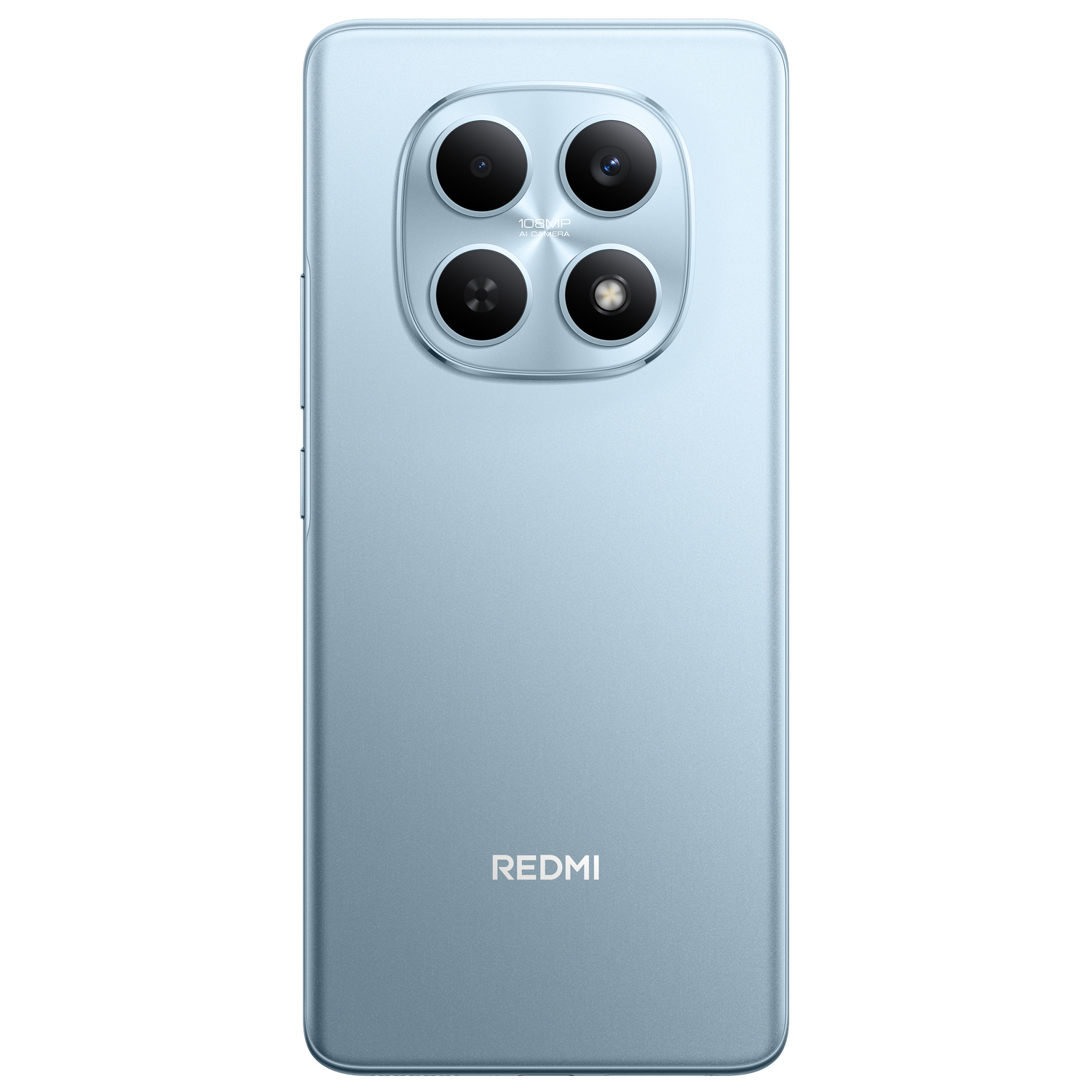 Parte trasera de teléfono Redmi azul claro. Cuatro lentes de cámara en círculo. Logotipo Redmi abajo. Fondo gris.
