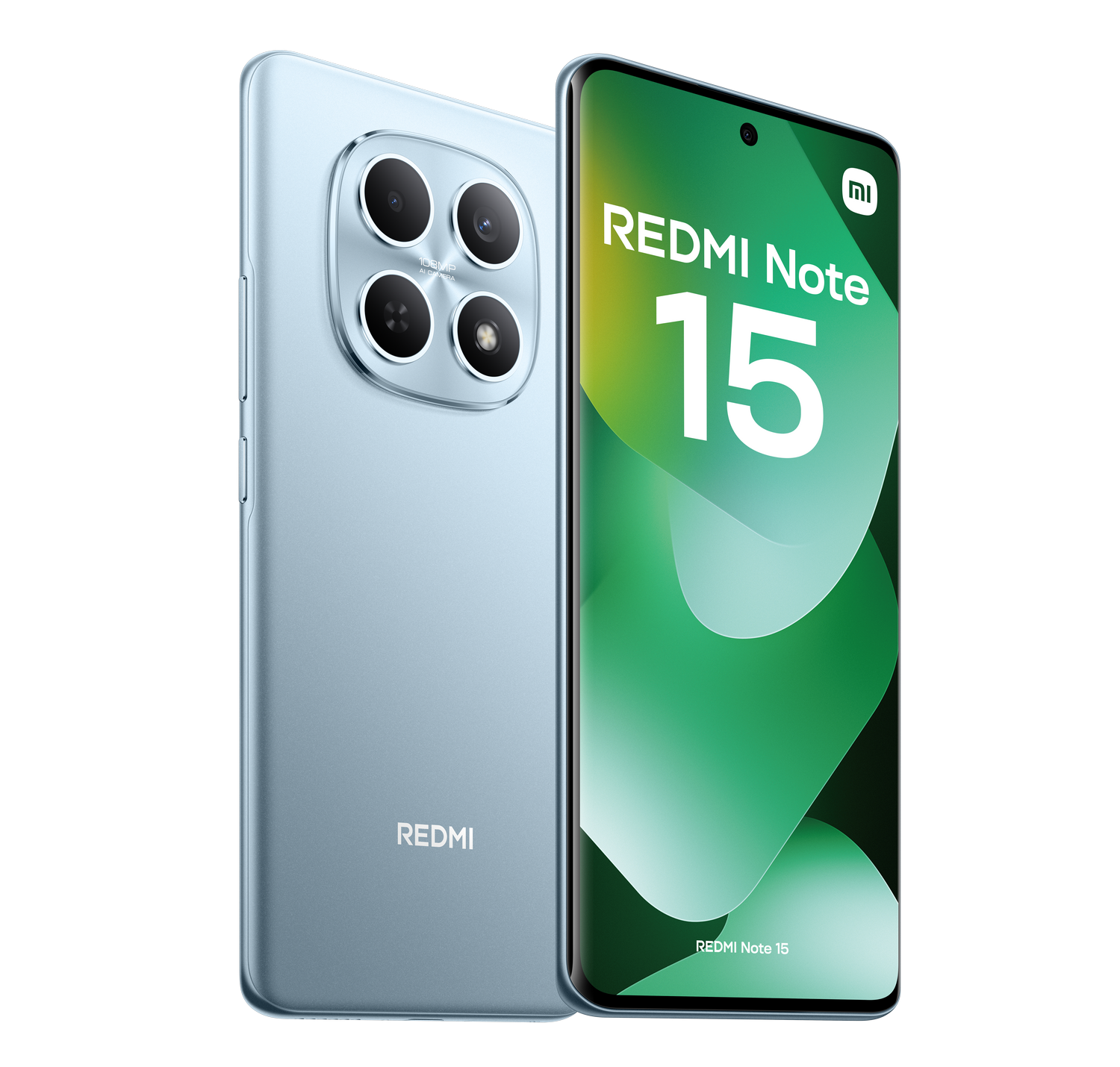 Dos teléfonos Redmi Note 15 azul claro. Uno muestra la pantalla con el texto 'Redmi Note 15'. El otro tiene cuatro lentes de cámara.