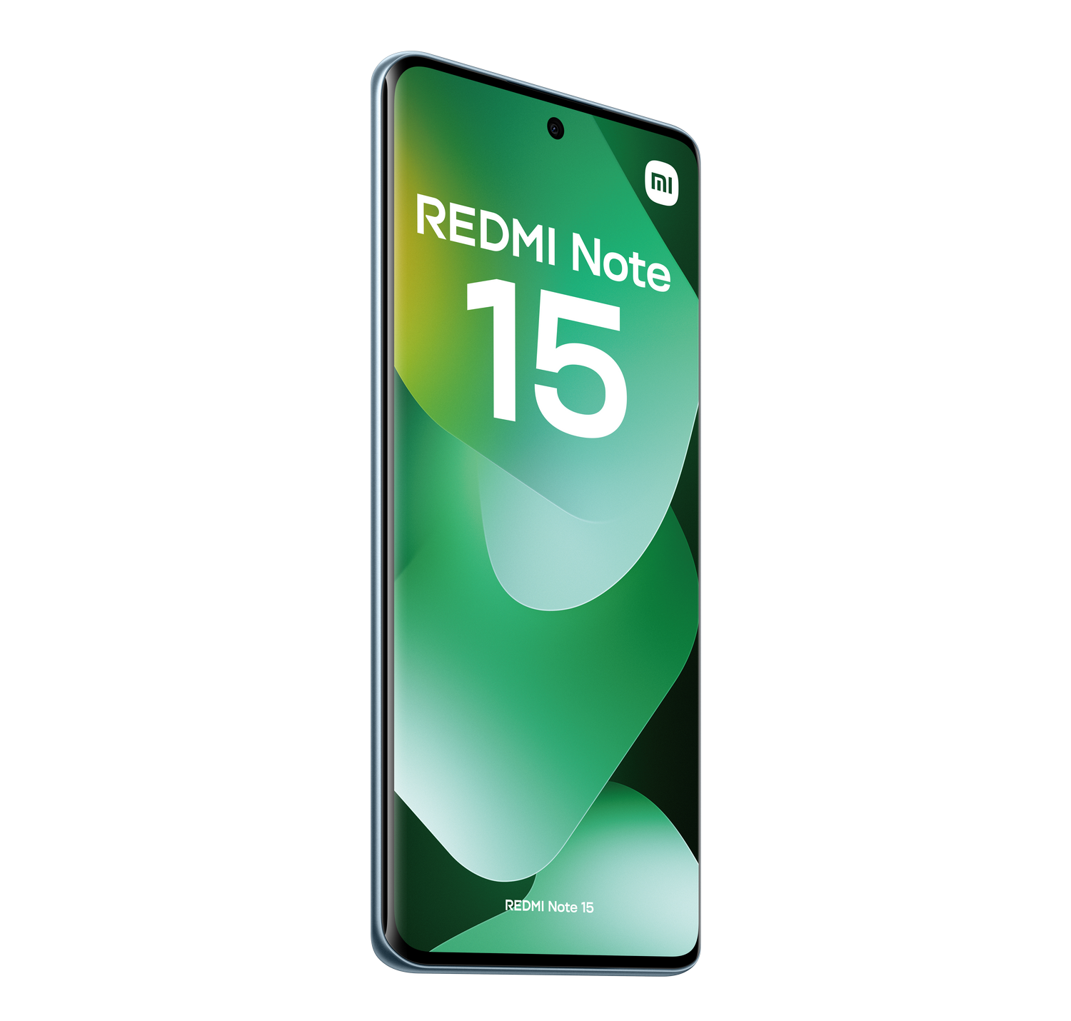Renderizado del teléfono Redmi Note 15. Tiene una pantalla verde con el número 15, Redmi Note y el logotipo de Xiaomi. Fondo gris.