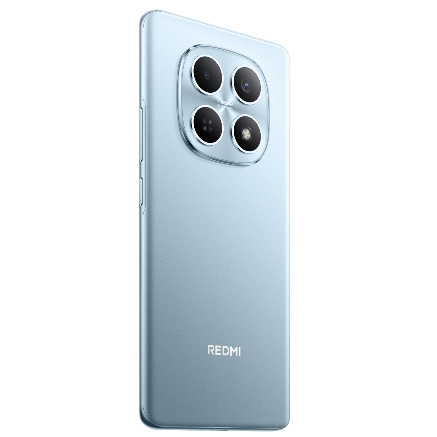Un smartphone azul claro con cuatro lentes de cámara. El logotipo de Redmi está en la parte inferior y el fondo es gris.