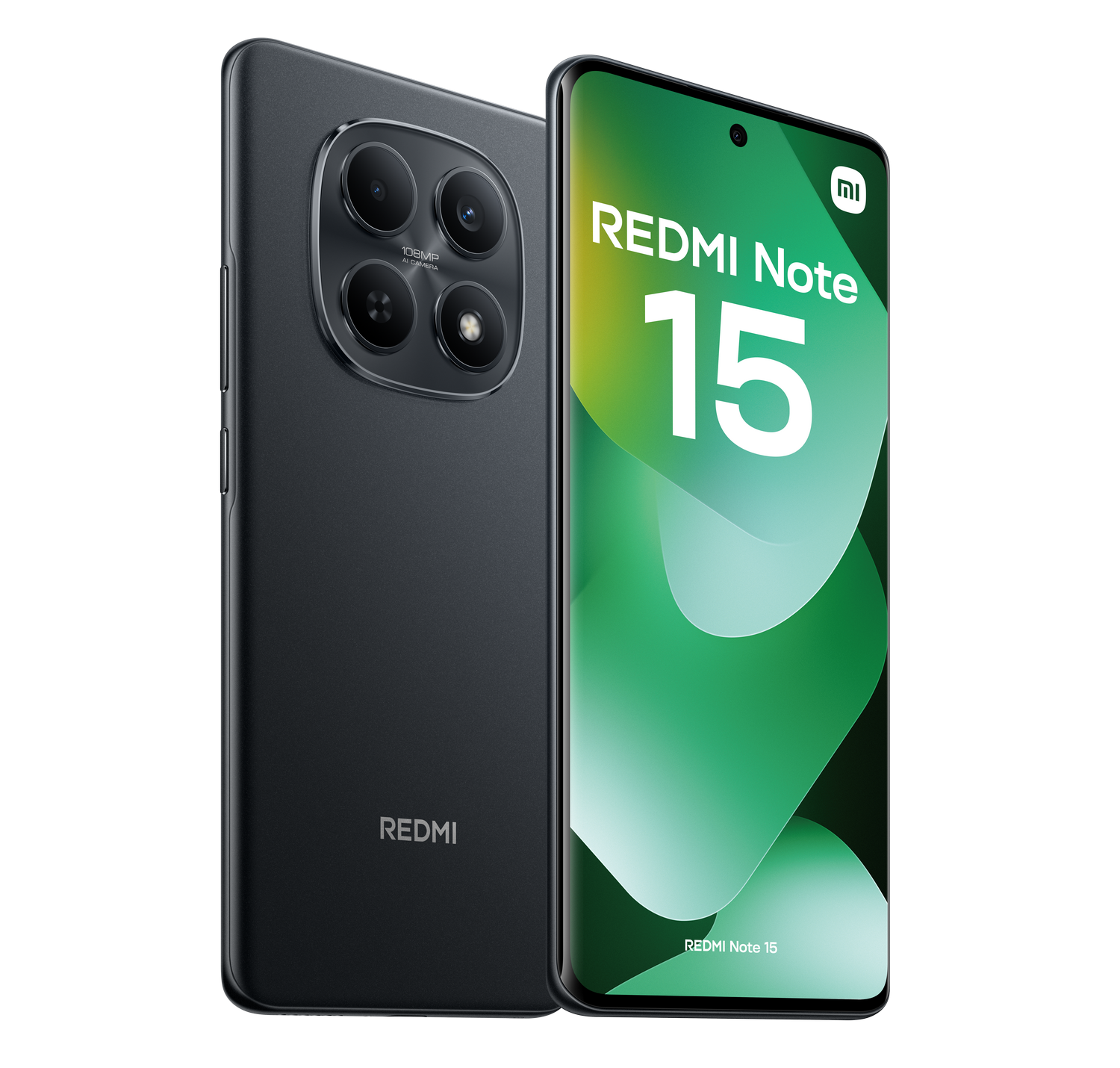 Teléfono negro Redmi Note 15. La parte trasera tiene lentes de cámara. La pantalla muestra el logotipo de Redmi y el número 15 en blanco.