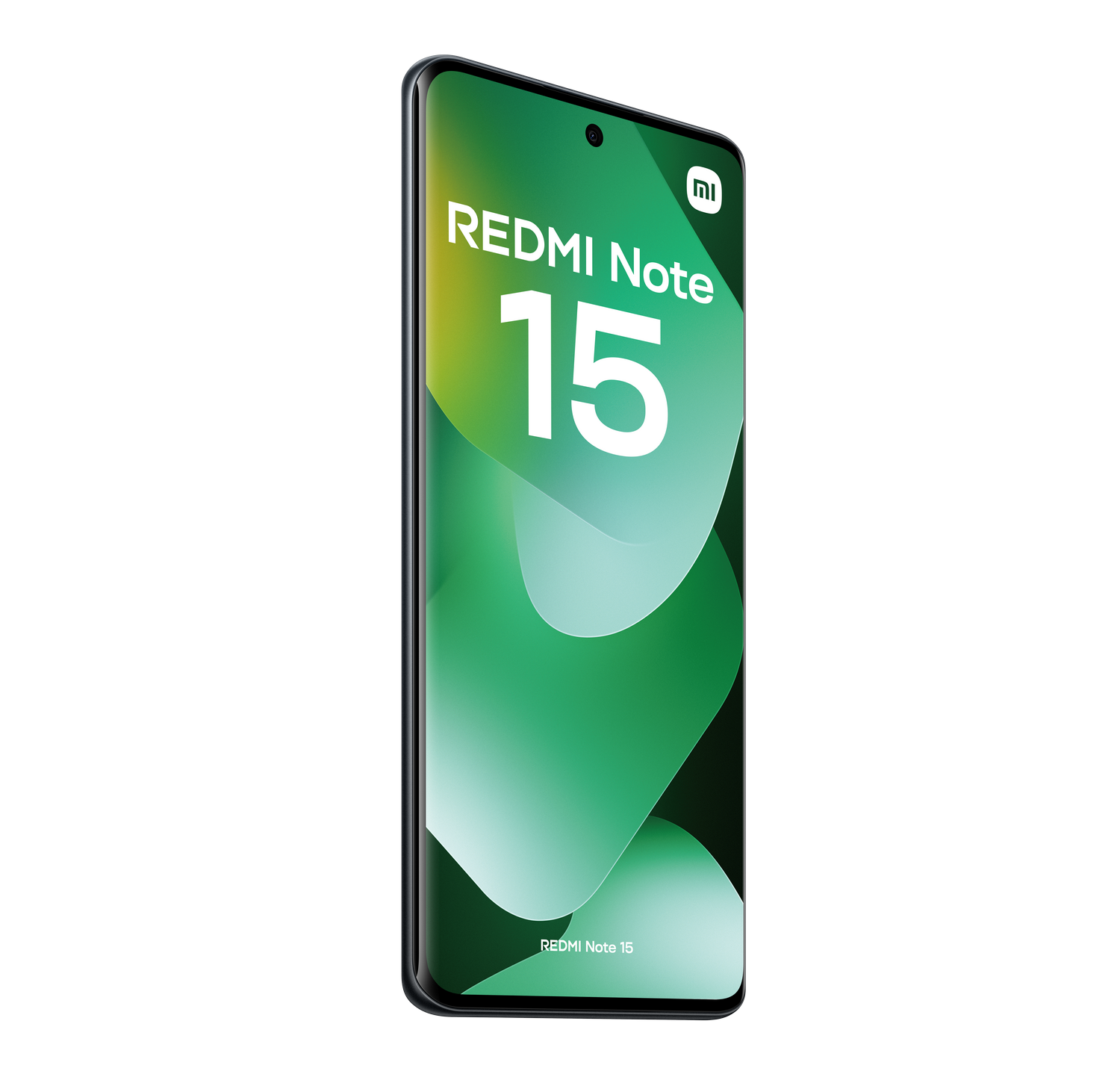 Se muestra un teléfono Redmi Note 15. La pantalla muestra un gráfico verde y blanco con el nombre y el número de modelo del teléfono.