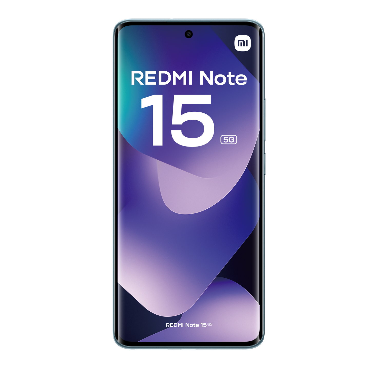 Un teléfono Redmi Note 15 5G sobre fondo gris. La pantalla muestra el nombre y número de modelo. Logotipo de Xiaomi visible.