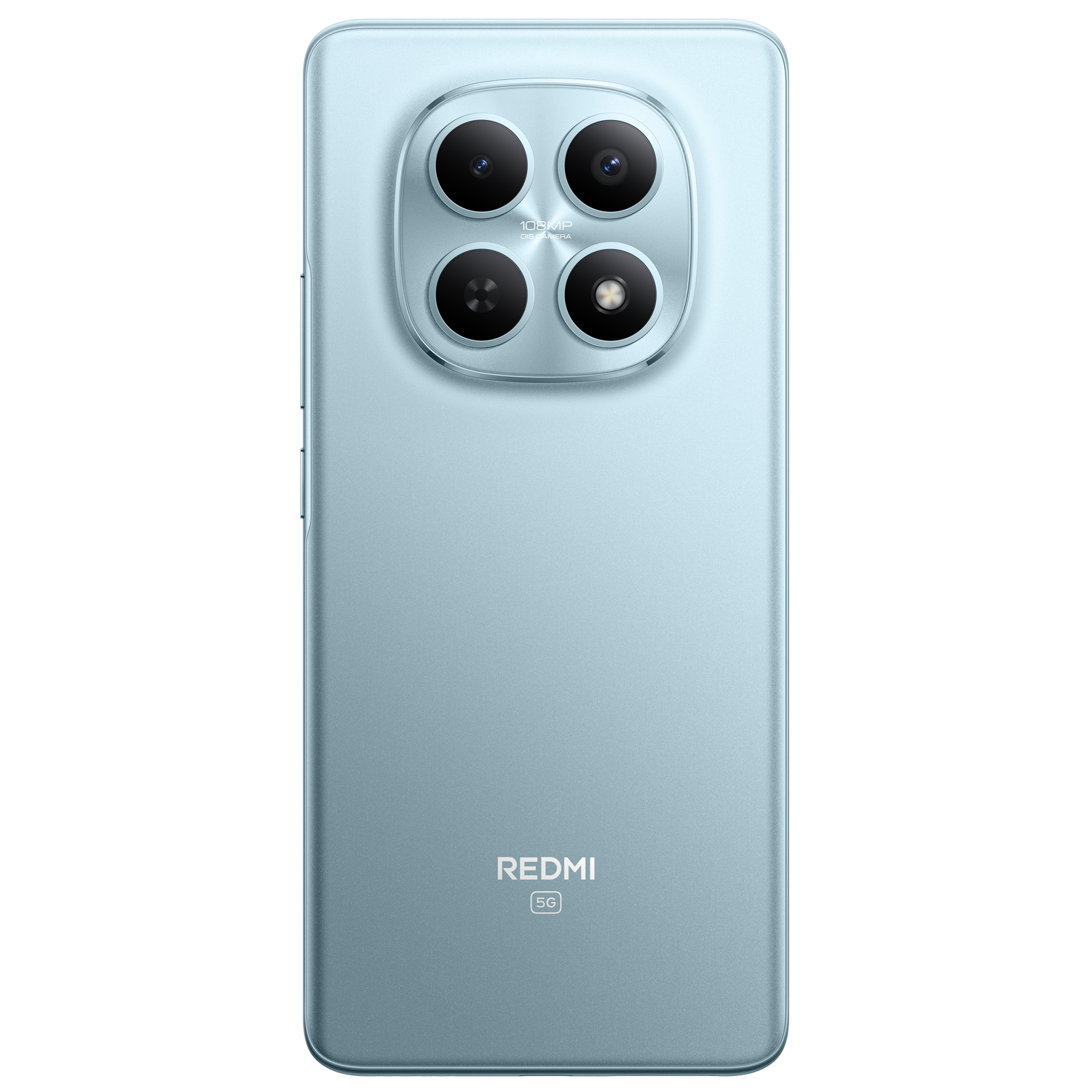 Parte trasera de teléfono Redmi 5G azul claro. Cuenta con cuatro lentes de cámara y el logotipo de la marca. El fondo es un degradado gris.