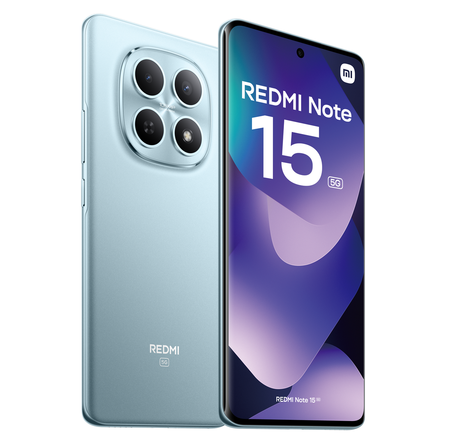 Un teléfono Redmi Note 15 azul claro. Muestra la parte delantera y trasera del teléfono, mostrando la cámara y la pantalla con el logo.
