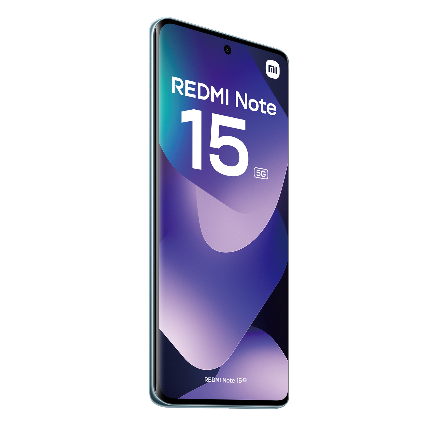 Un teléfono Redmi Note 15 5G sobre un fondo gris. La pantalla muestra el nombre del teléfono y un diseño púrpura y azul.