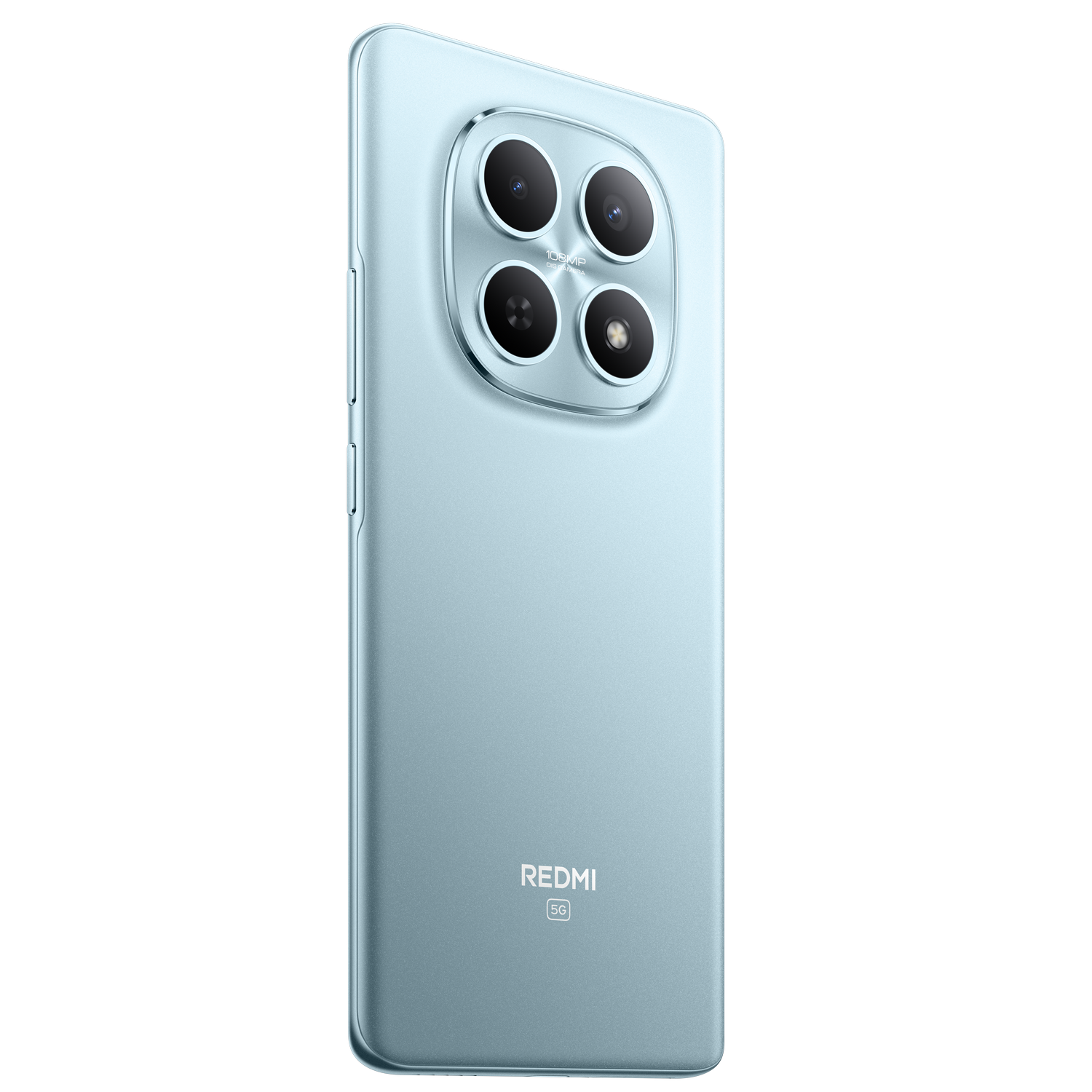 Un teléfono inteligente Redmi azul claro. Se ven cuatro lentes de cámara en la parte trasera. El teléfono está sobre un fondo gris.