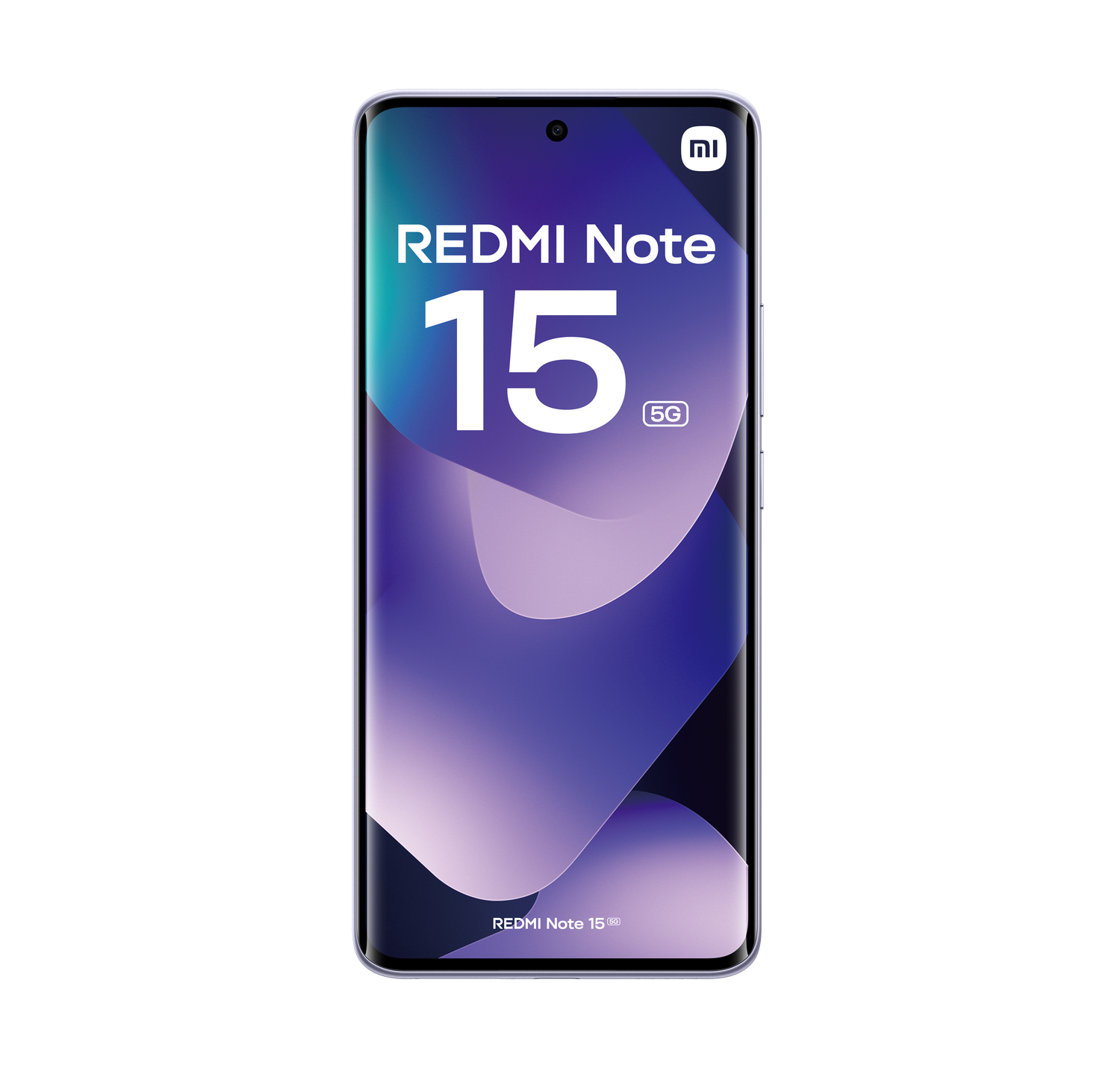 Un smartphone con pantalla curva muestra el logo Redmi Note 15. El teléfono es morado con un diseño degradado. El fondo es gris.