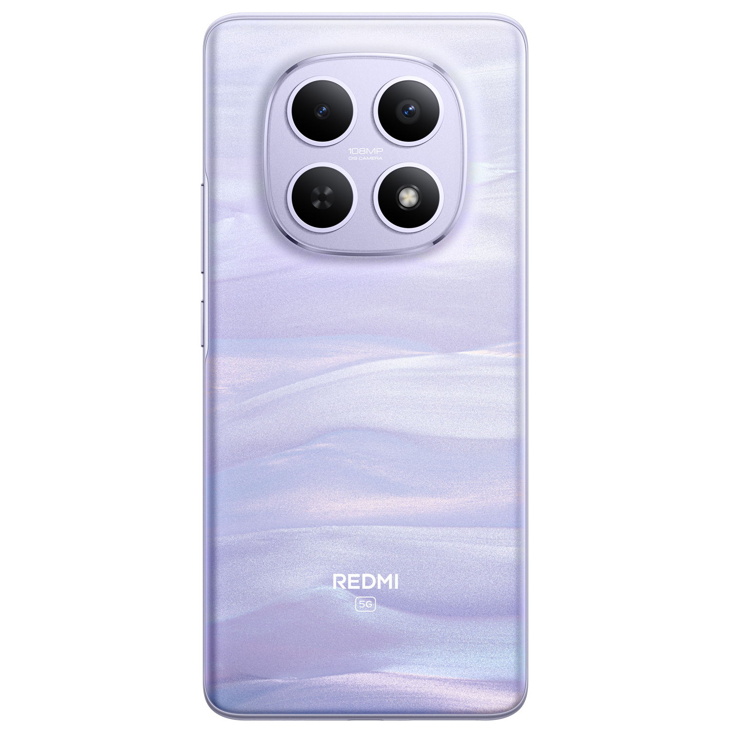 Un teléfono Redmi 5G en lavanda. Tiene tres lentes de cámara en la parte superior y el logotipo de Redmi en la parte inferior.