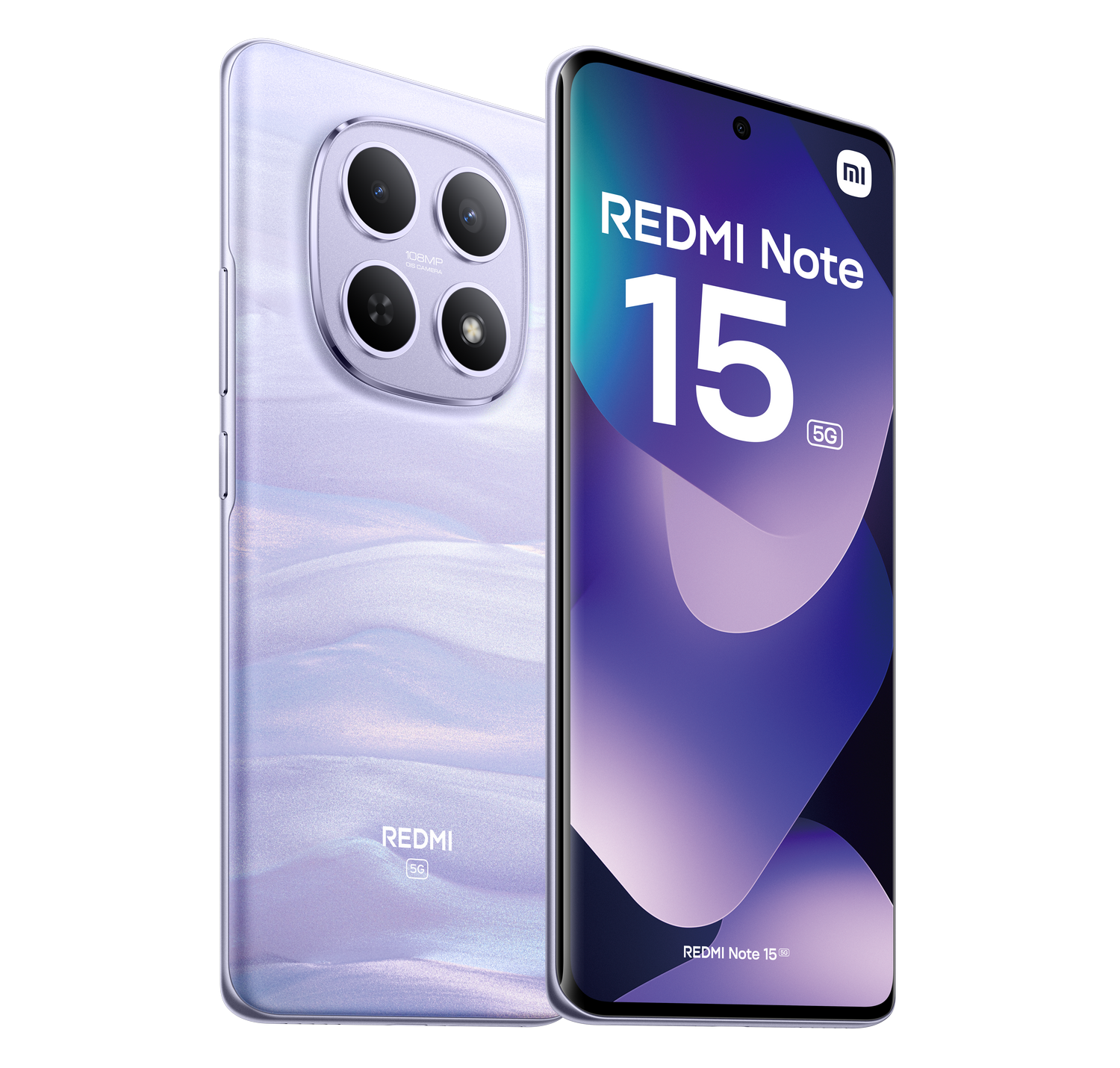 Dos teléfonos Redmi Note 15. Uno muestra la parte trasera con cámaras. El otro muestra la parte delantera con la pantalla encendida.