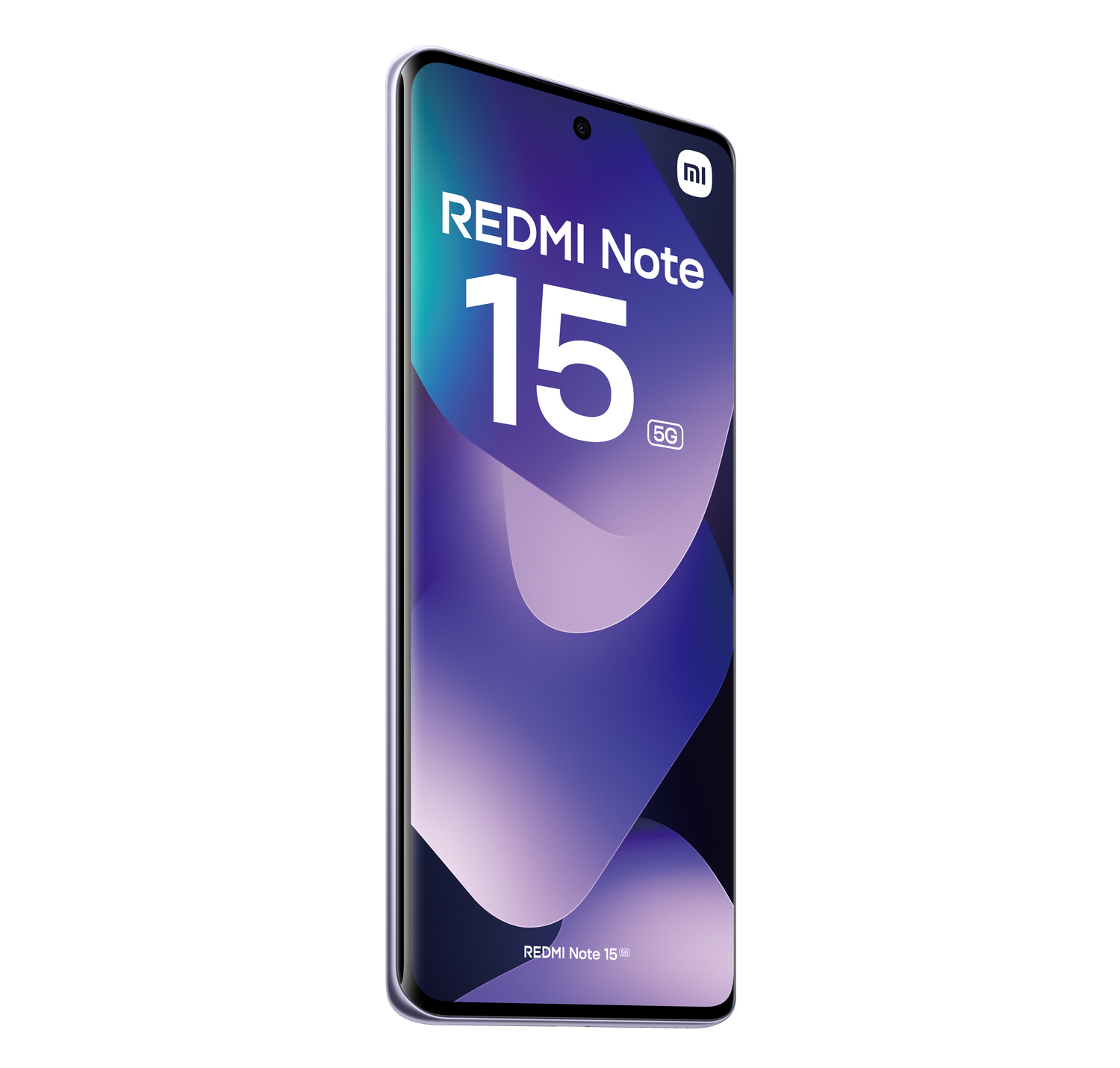 Un smartphone con una pantalla que muestra el logotipo Redmi Note 15, el número 15 y 5G. El teléfono es morado y tiene un fondo gris.