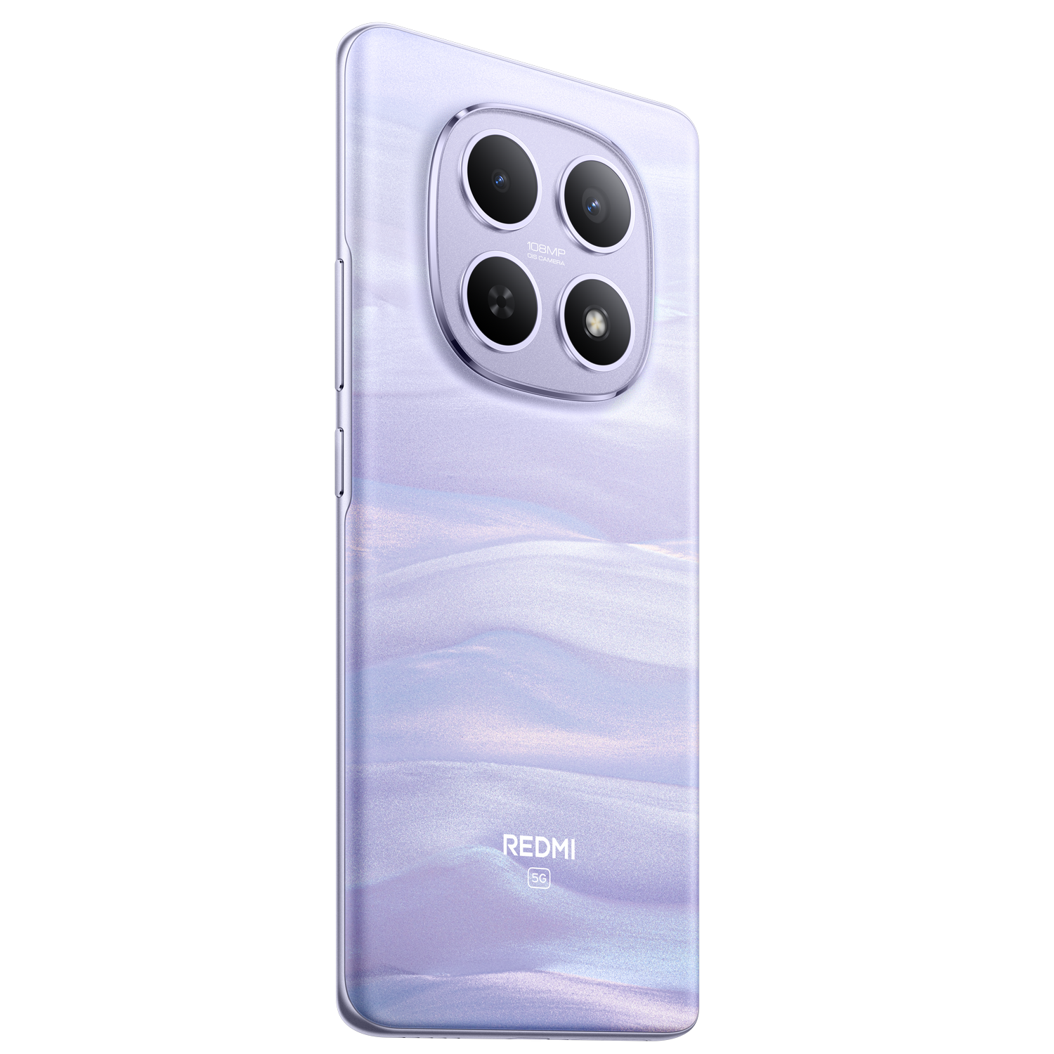 Un teléfono Redmi 5G lila claro. Tiene un módulo de cámara redondo con cuatro lentes y el logotipo de Redmi abajo.