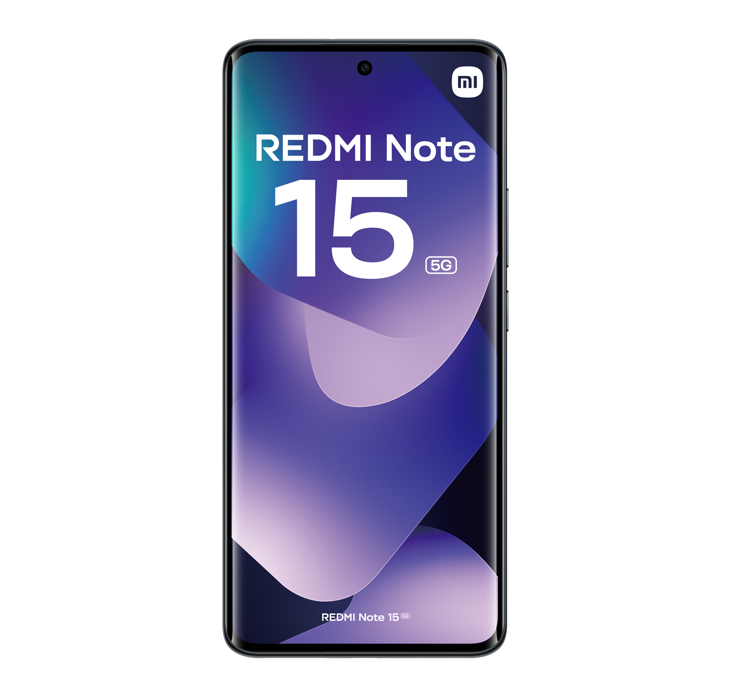 Un teléfono Redmi Note 15 5G sobre un fondo gris. La pantalla muestra el nombre y modelo del teléfono.