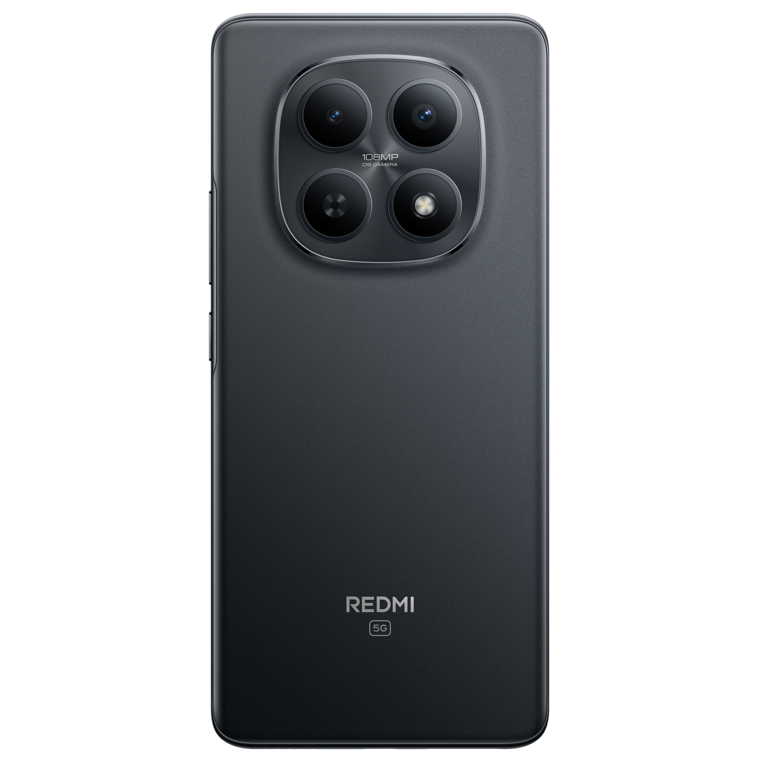 Un smartphone Redmi 5G negro. Tiene tres lentes de cámara. El logotipo de Redmi y 5G están en la parte inferior.