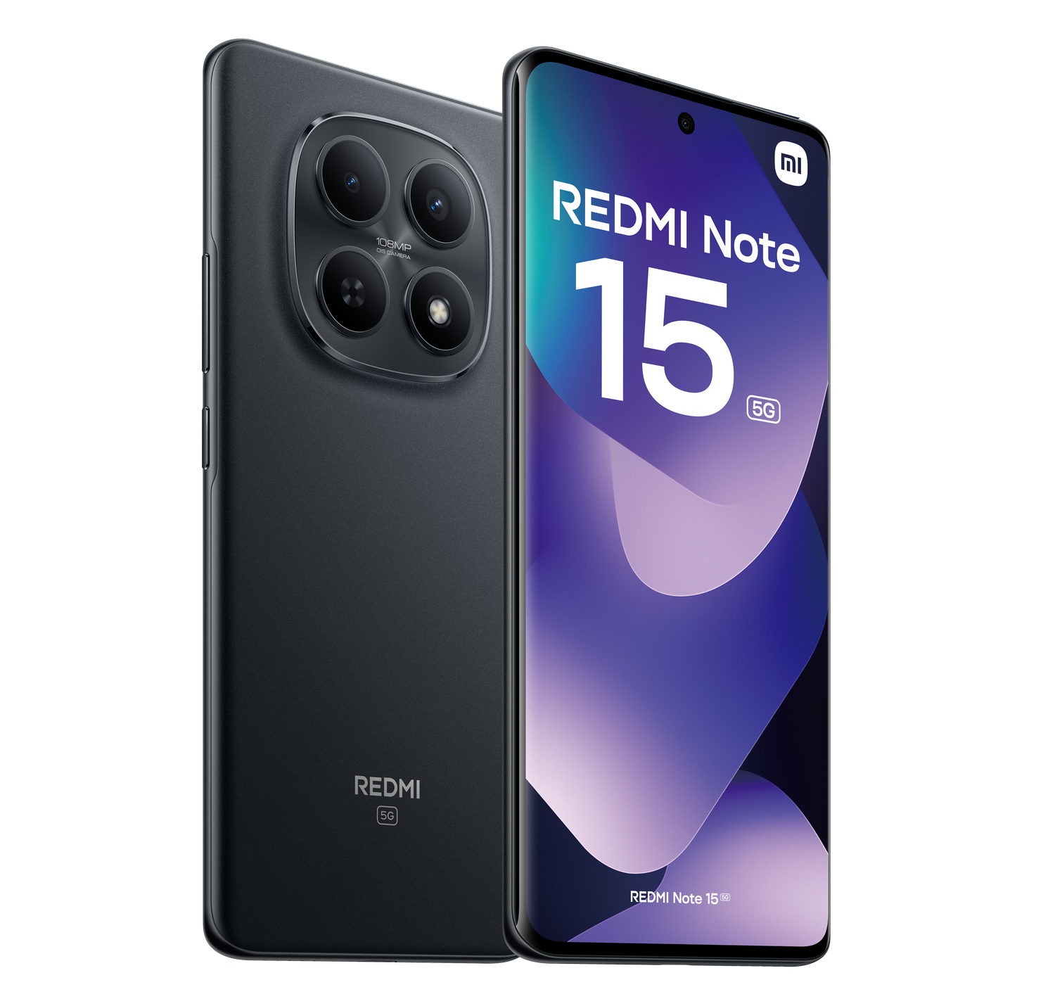 Dos teléfonos Redmi Note 15 negros. Uno muestra la parte trasera con cámaras. El otro muestra la pantalla con "Redmi Note 15 5G".
