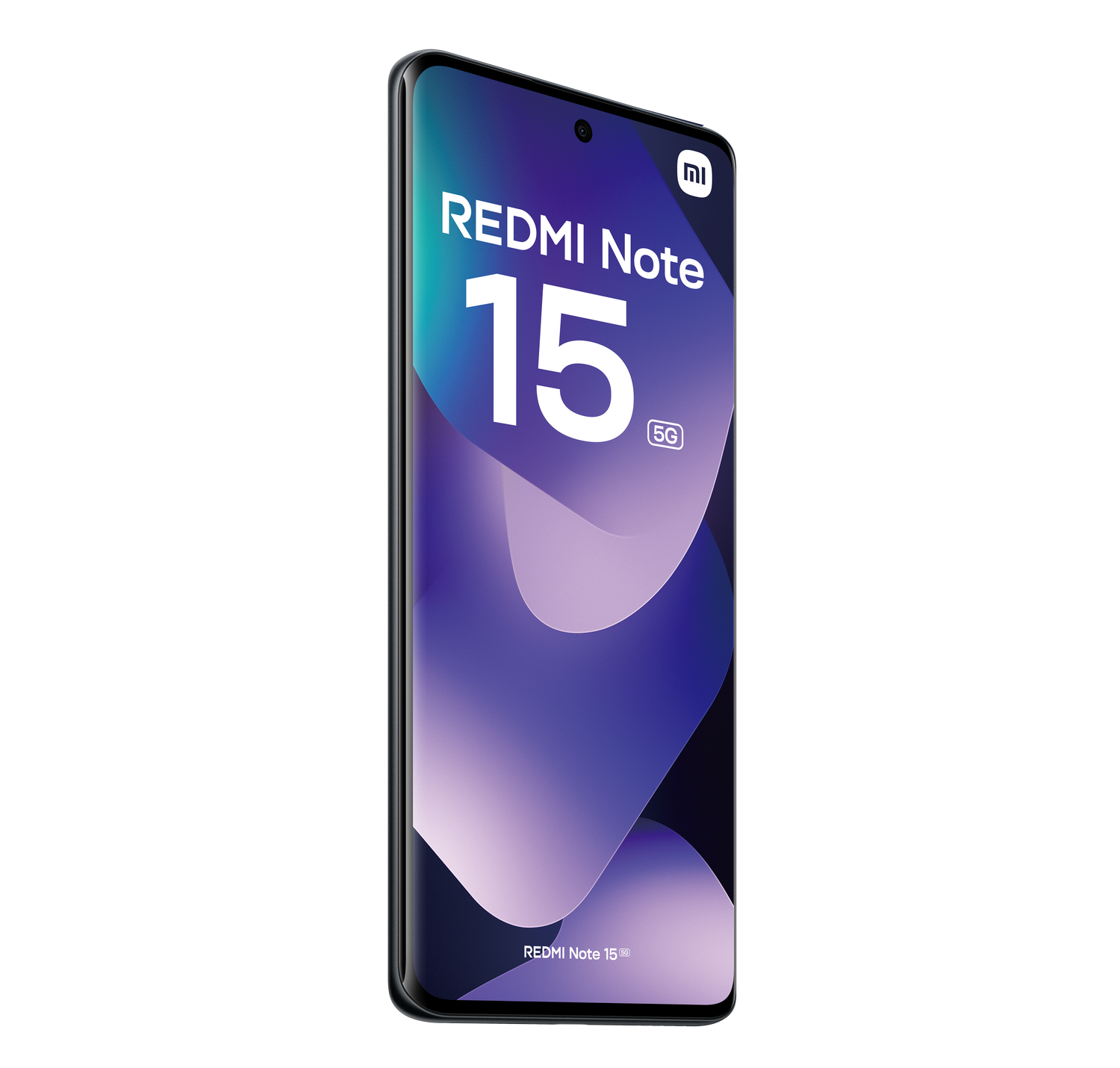 Un smartphone Redmi Note 15 5G mostrado en ángulo, con una pantalla púrpura degradada y el logotipo de Xiaomi.