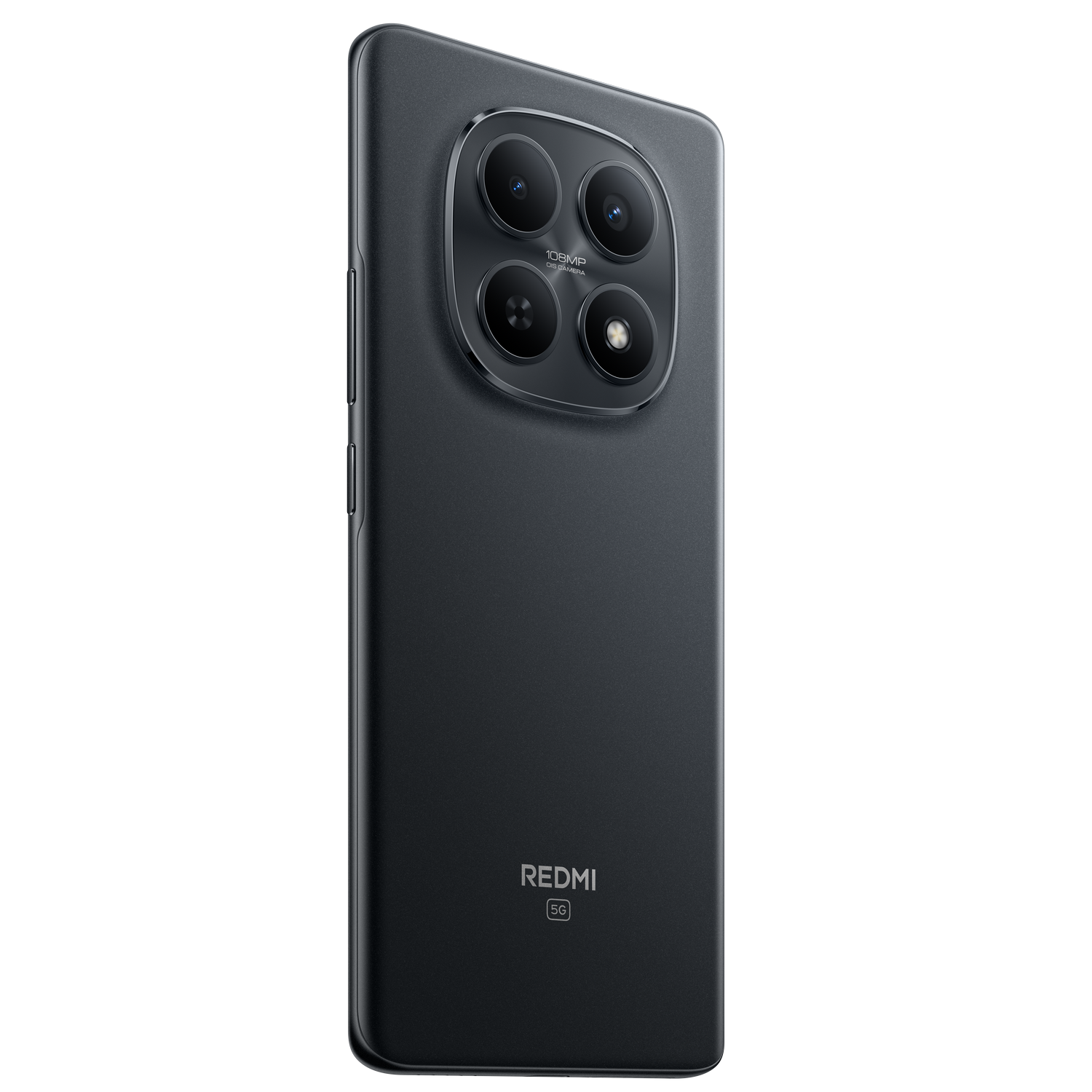 Un smartphone negro con un diseño de cámara único. La parte trasera muestra cuatro lentes y el logo Redmi. El fondo es gris.