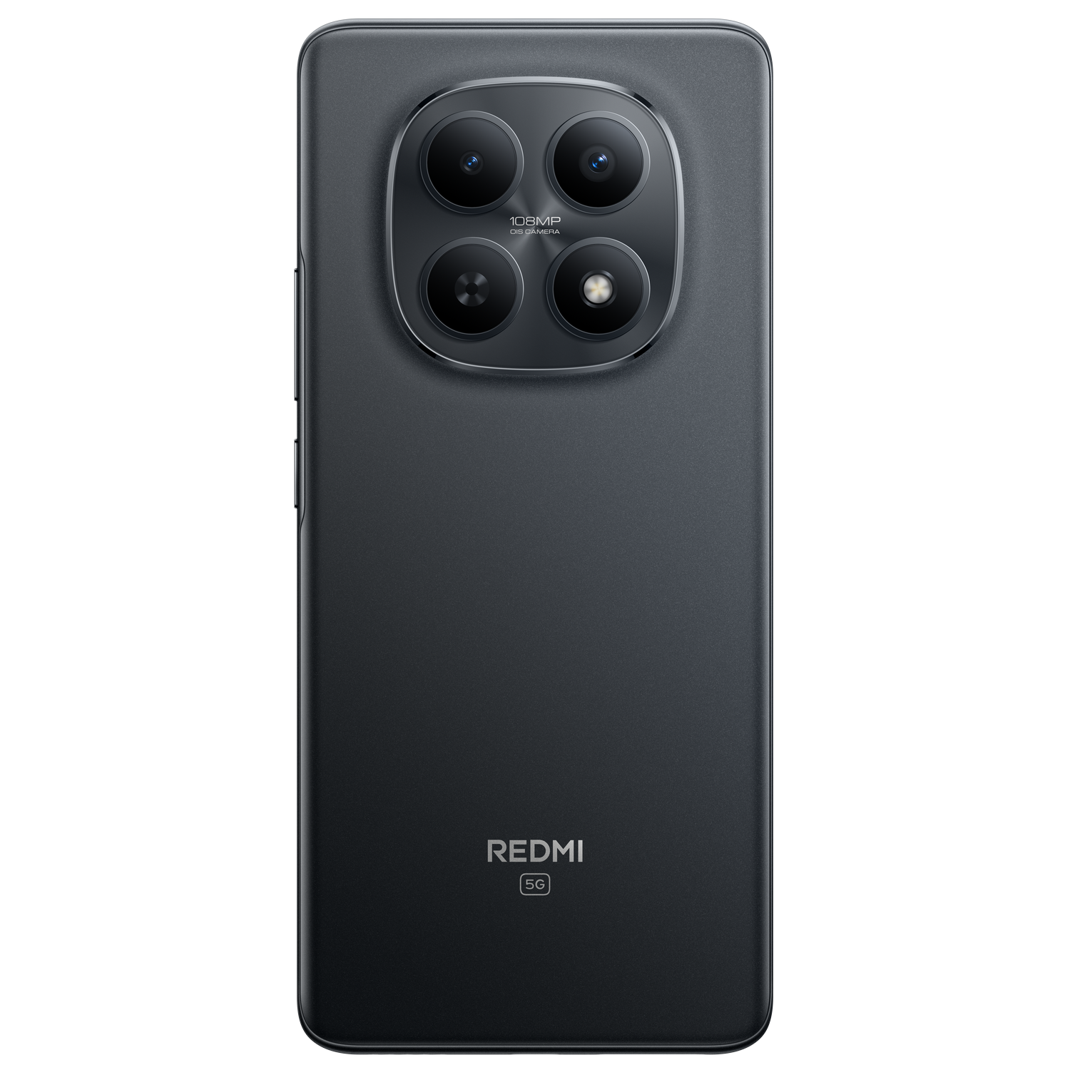 Un smartphone negro con triple cámara, el logotipo de Redmi y 5G. Fondo gris.