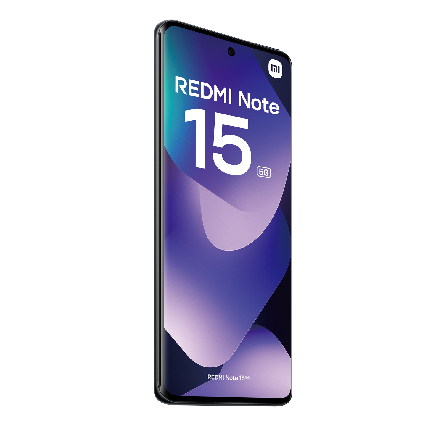 Un smartphone Redmi Note 15 5G sobre un fondo gris. La pantalla muestra un diseño púrpura con el logo Redmi Note 15.