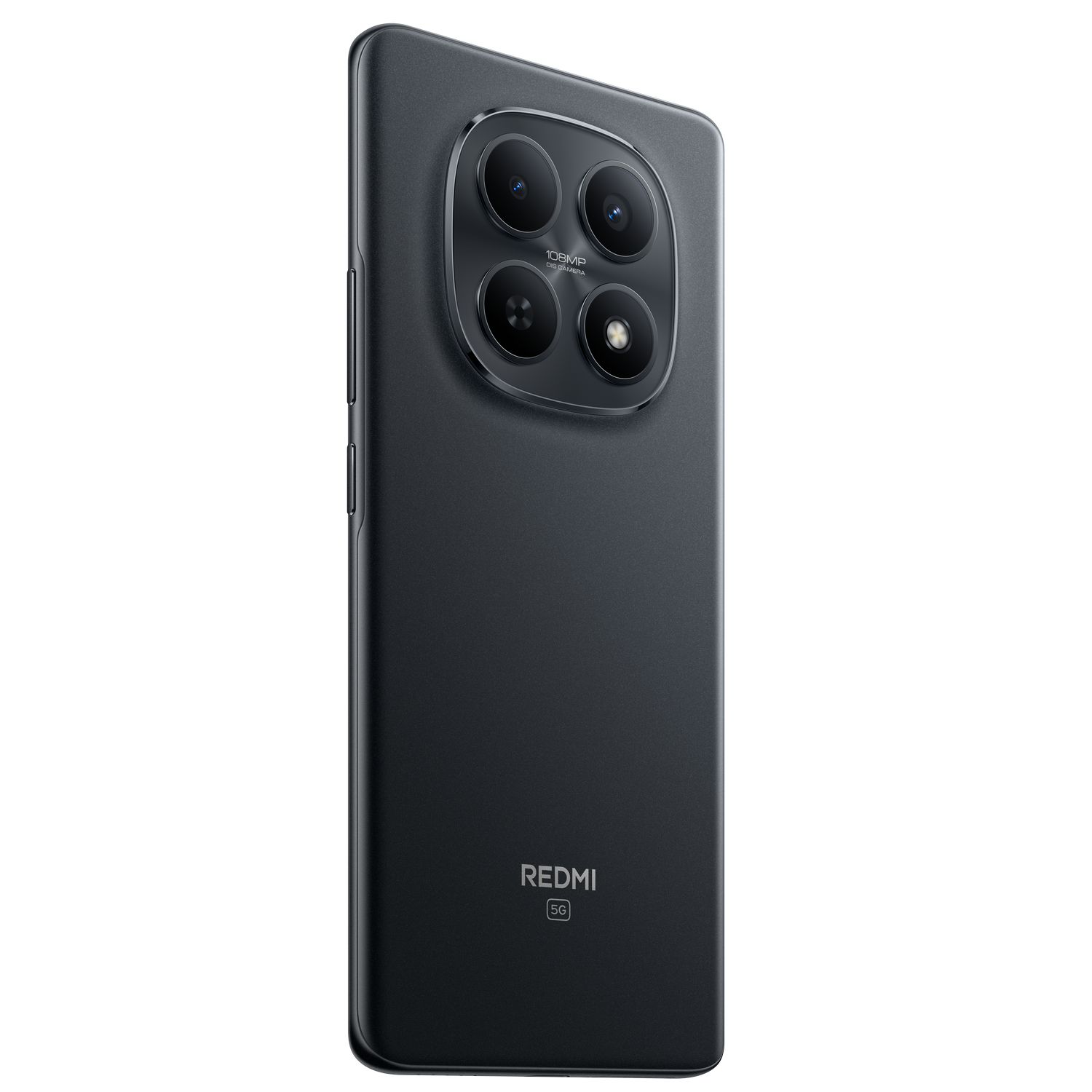 Un smartphone negro con un diseño de cámara único. La parte trasera muestra el logo Redmi y 5G. Tiene cuatro lentes de cámara.