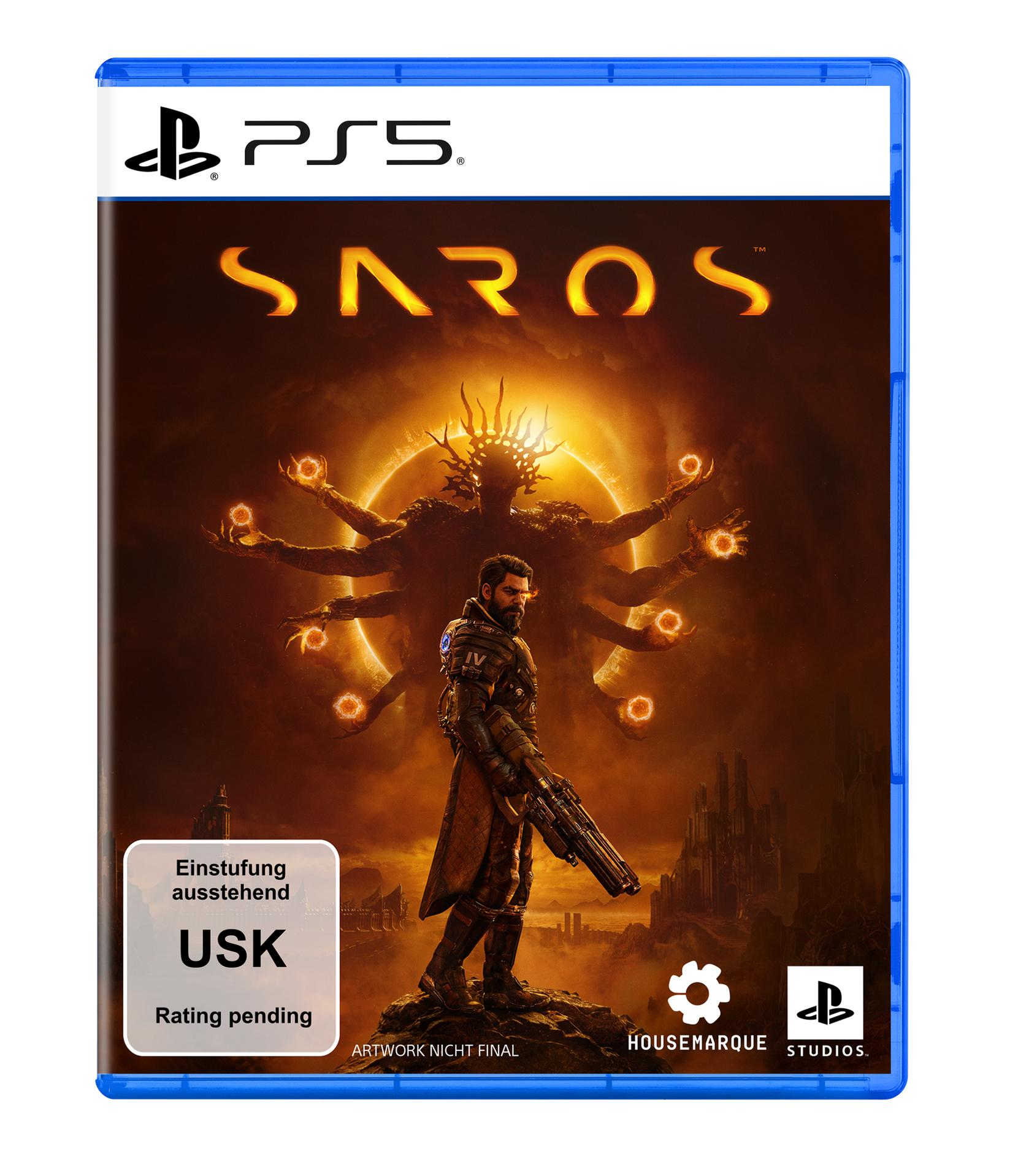 PS5-Spielbox. Ein Krieger mit einer Waffe steht vor einer mehrarmigen Figur, dem Titel 'SAROS' und einem feurigen Hintergrund.