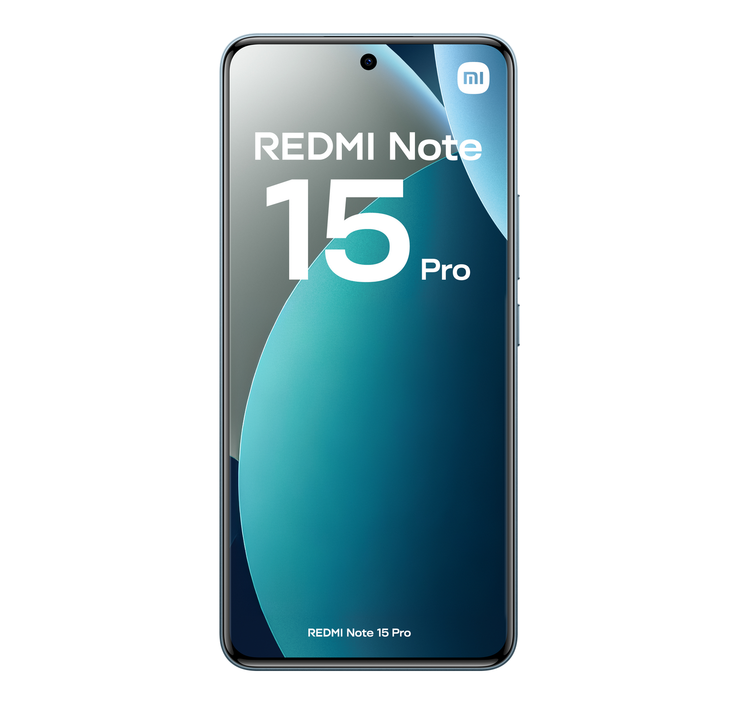 Un teléfono Redmi Note 15 Pro sobre fondo gris. Tiene una pantalla grande con el nombre de la marca y el número de modelo.