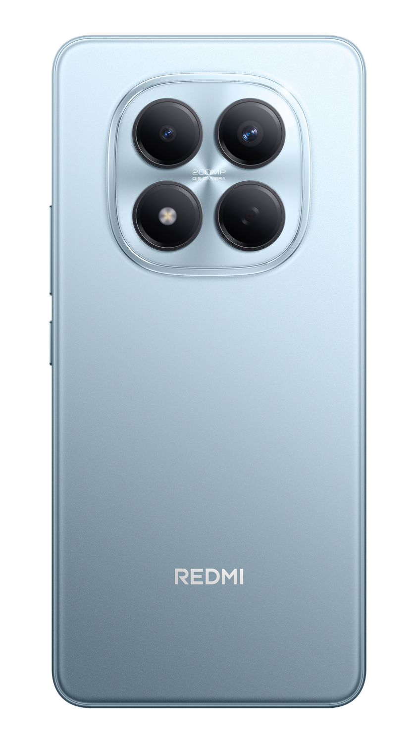 Parte trasera de un smartphone azul claro con cuatro lentes de cámara y el logo REDMI. Las lentes están dispuestas en un cuadrado.