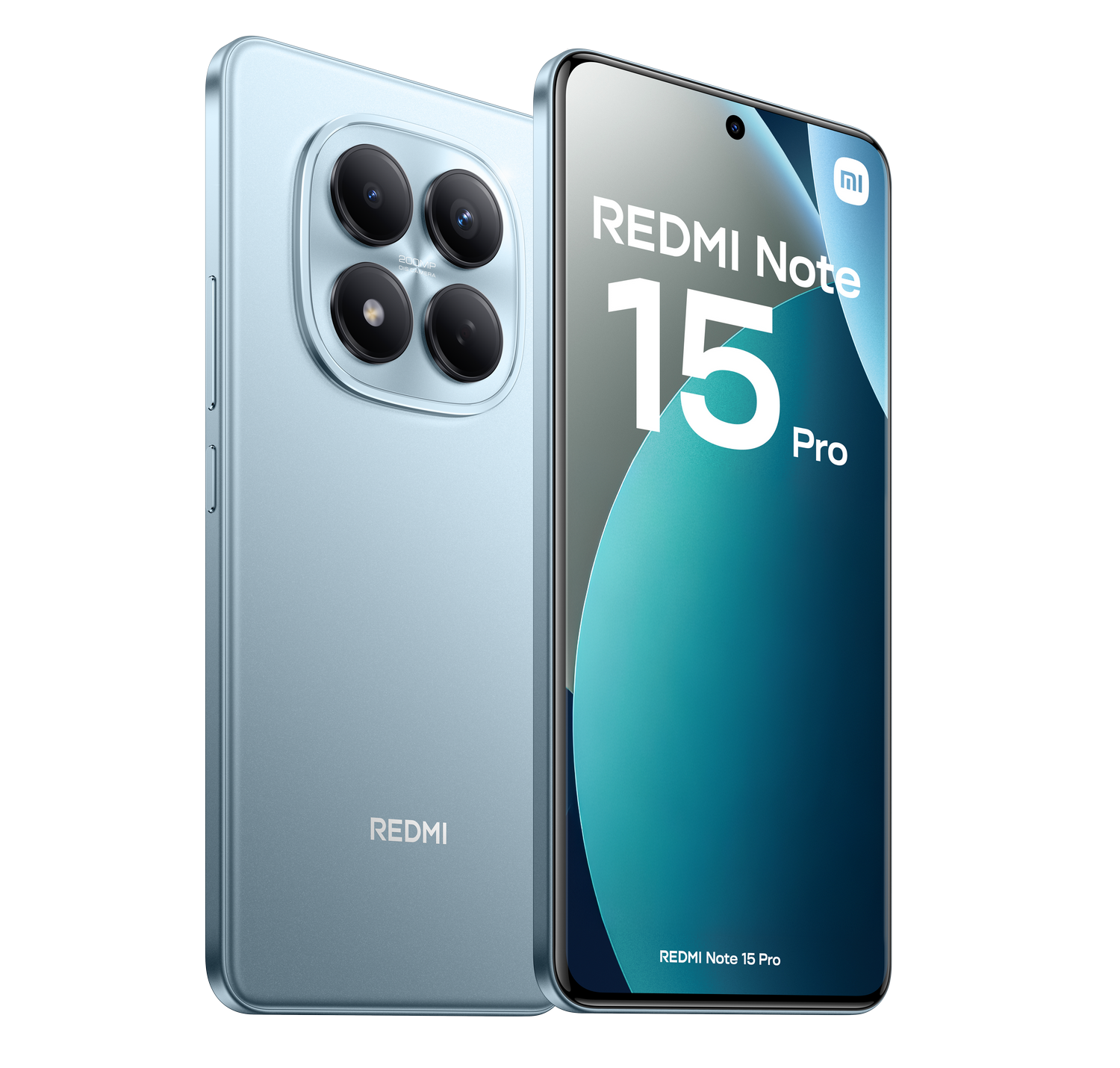 Un teléfono Redmi Note 15 Pro azul claro se muestra, mostrando la parte delantera y trasera. La pantalla frontal tiene el nombre del teléfono.