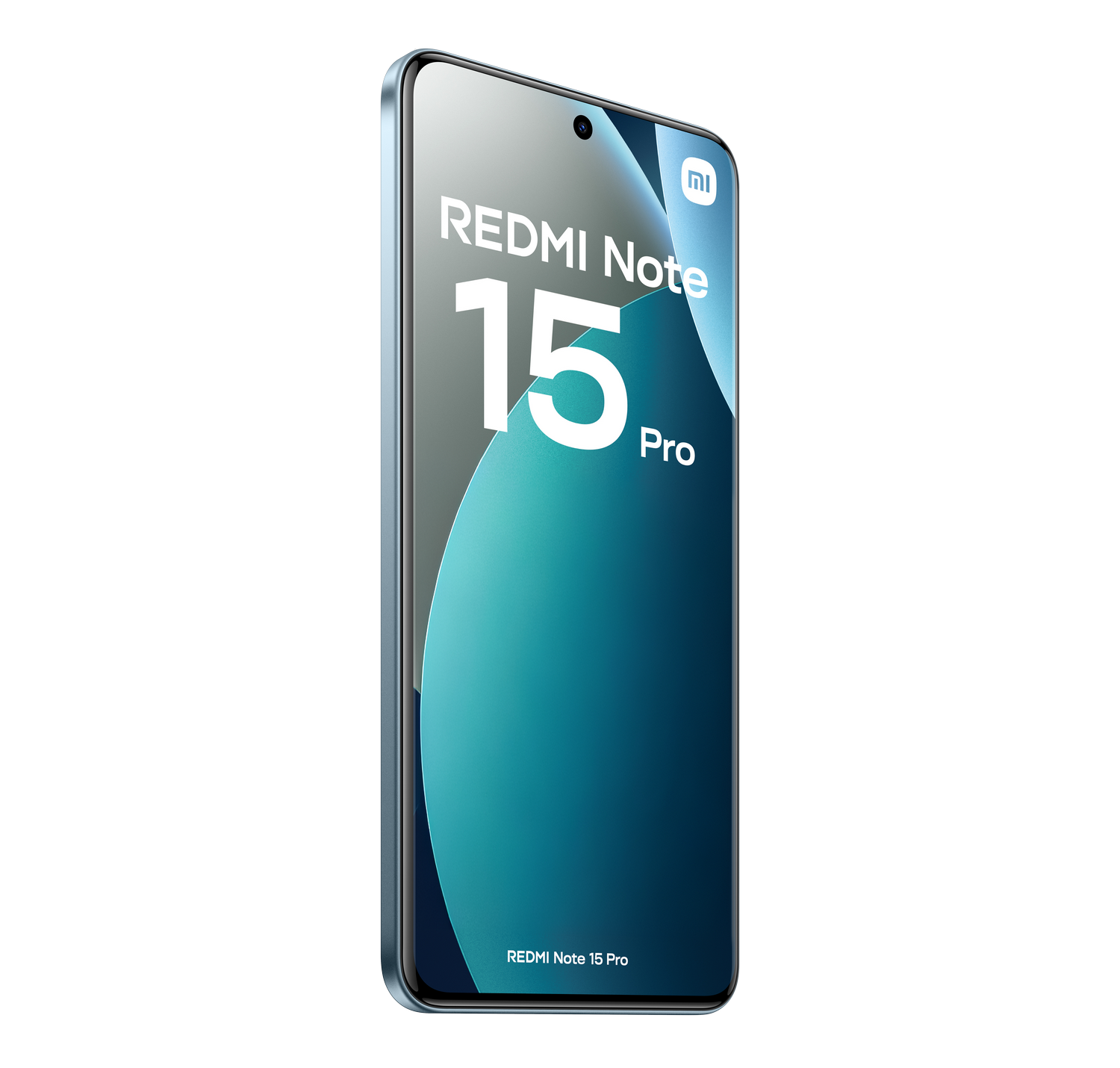 Un teléfono Redmi Note 15 Pro con una pantalla azul y blanca degradada. El teléfono tiene un marco metálico sobre un fondo gris.