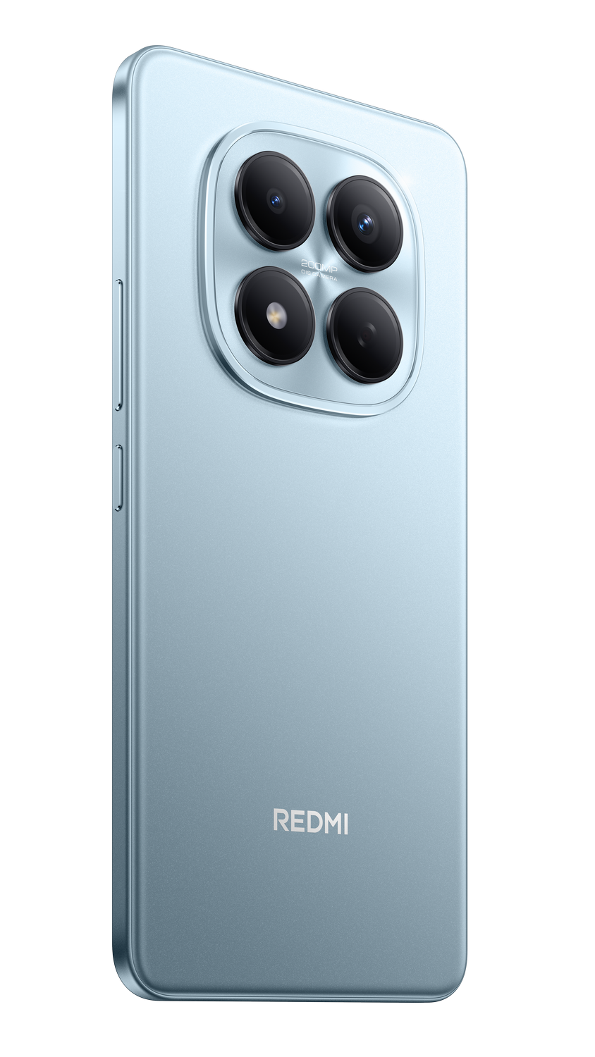 Teléfono Redmi azul claro. Cuatro lentes de cámara en la parte trasera. El logotipo de la marca es visible. El fondo es gris.