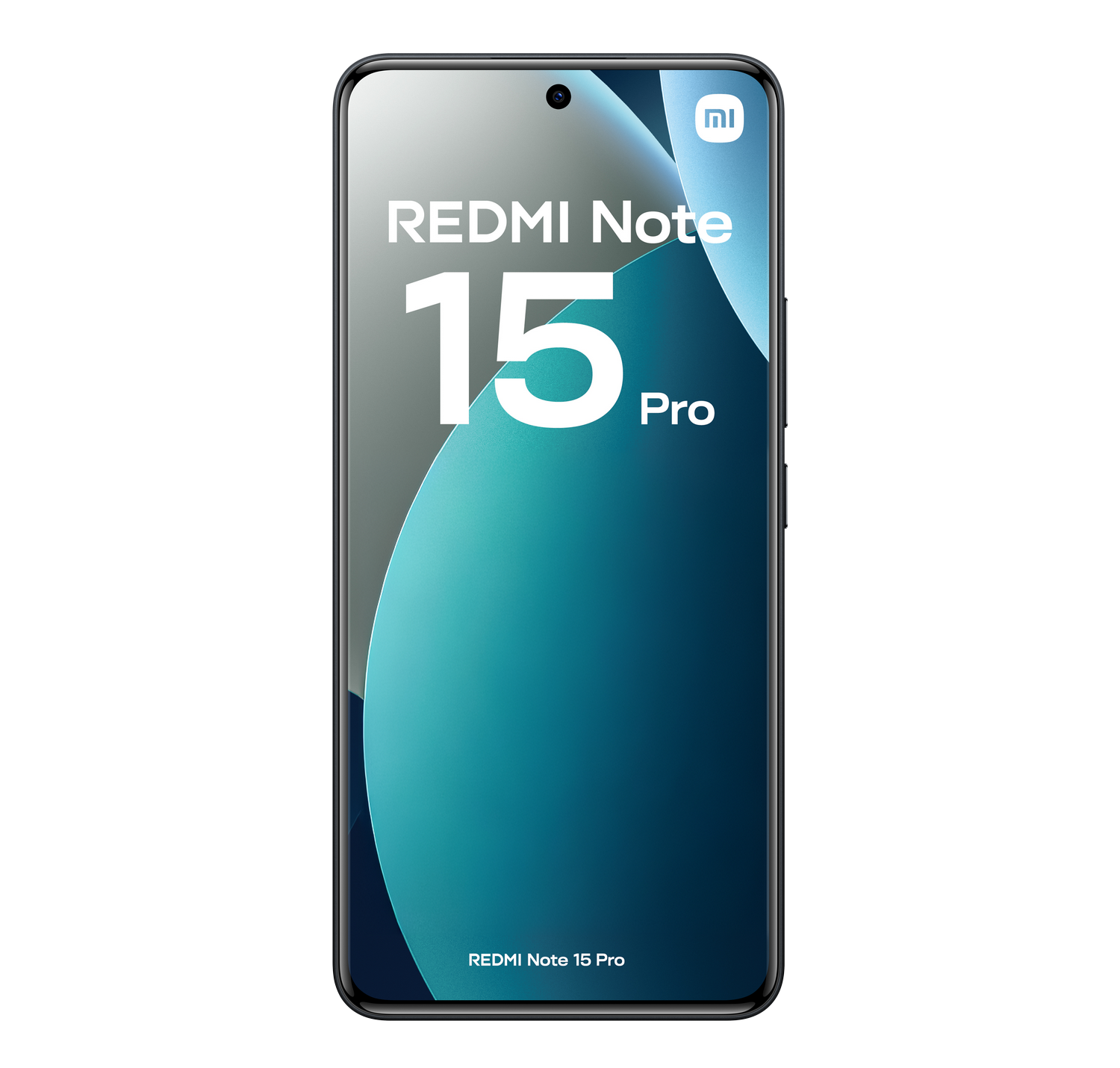 Teléfono Redmi Note 15 Pro sobre fondo gris. Muestra el nombre y el número de modelo del teléfono. El teléfono tiene un marco negro.