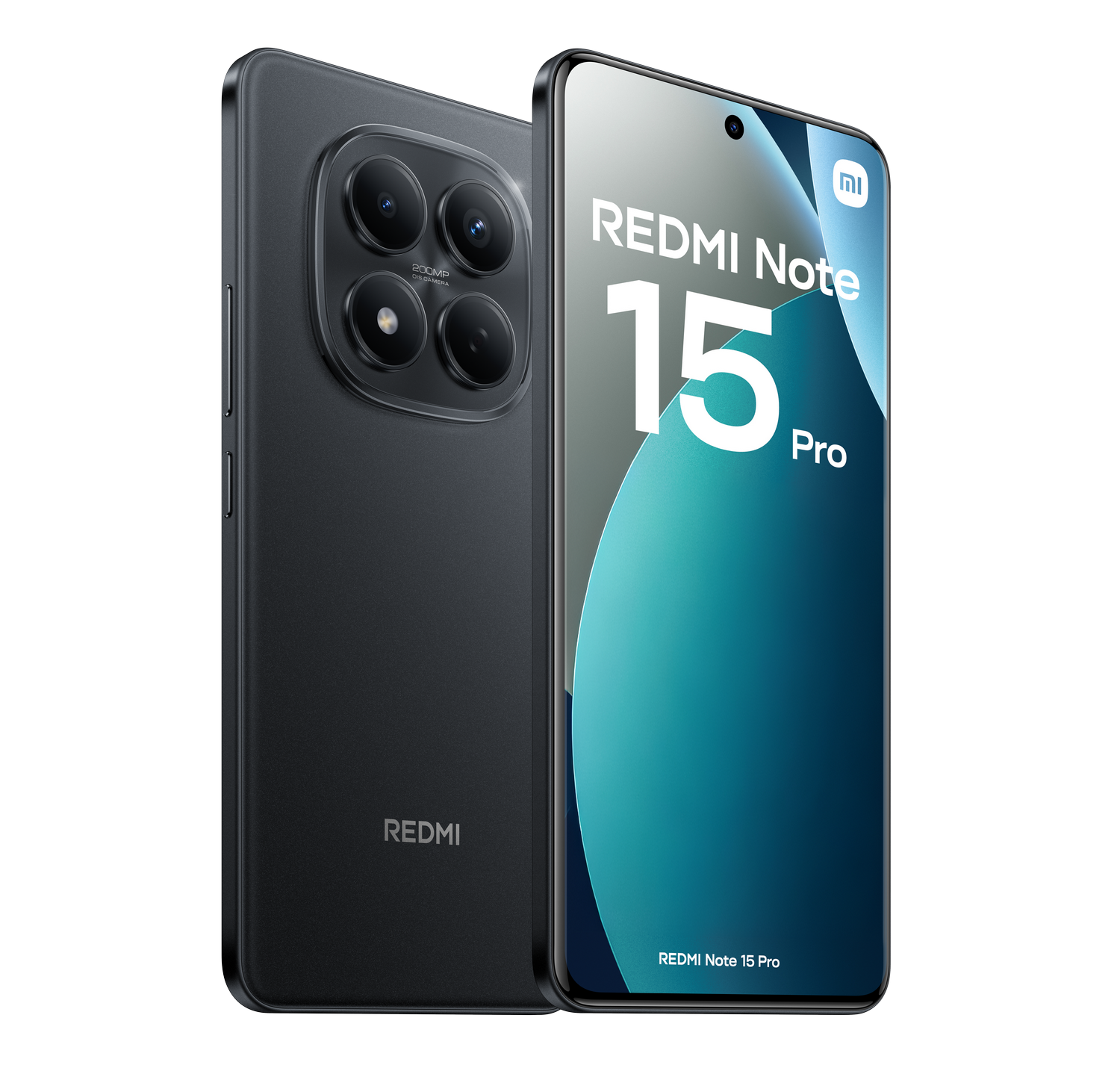 Un teléfono negro Redmi Note 15 Pro, mostrando la parte trasera con cámaras y la pantalla con el logo.