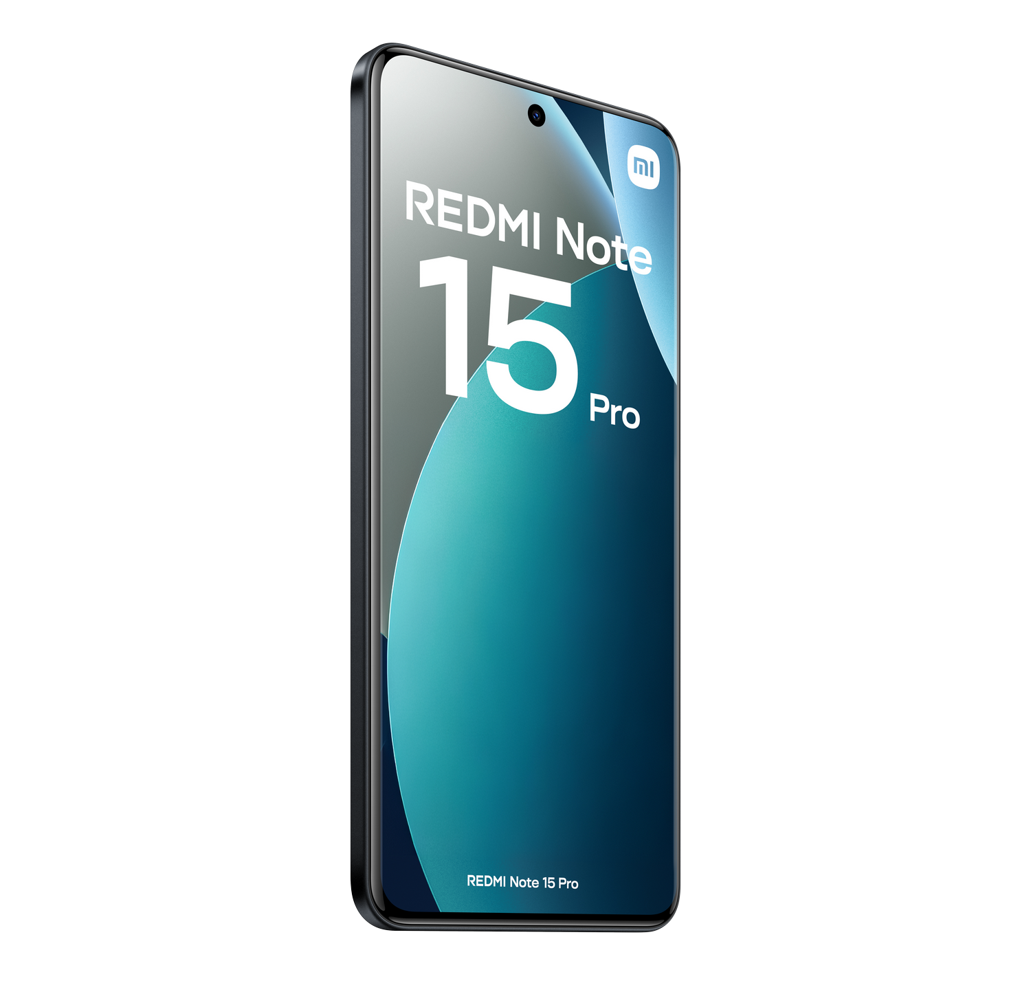 Un teléfono Redmi Note 15 Pro sobre un fondo gris. La pantalla muestra el nombre y el número de modelo, y una ola azul.