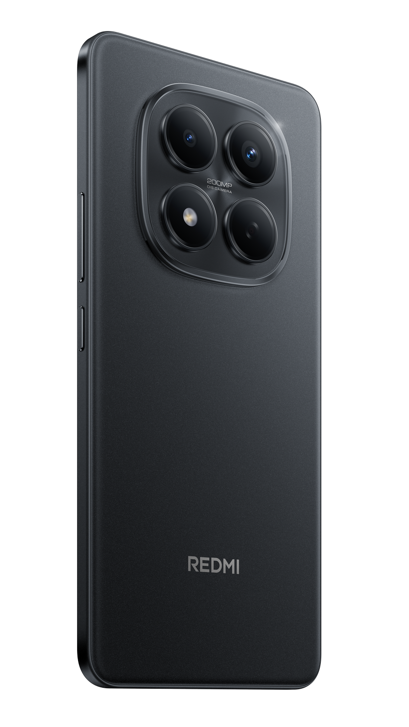 Teléfono inteligente negro con cuatro lentes de cámara. El logotipo de Redmi está en la parte inferior. Fondo gris.